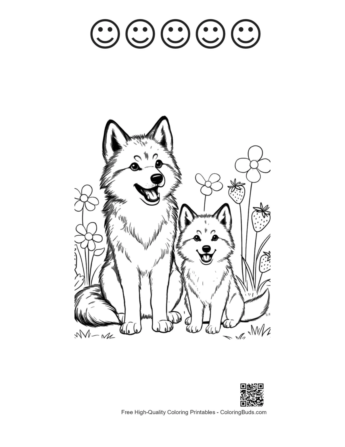 Easy howling wolf 5 happy faces outline printable