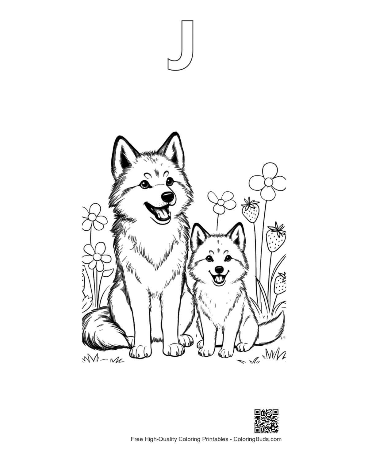 Easy howling wolf coloring alphabet J outline