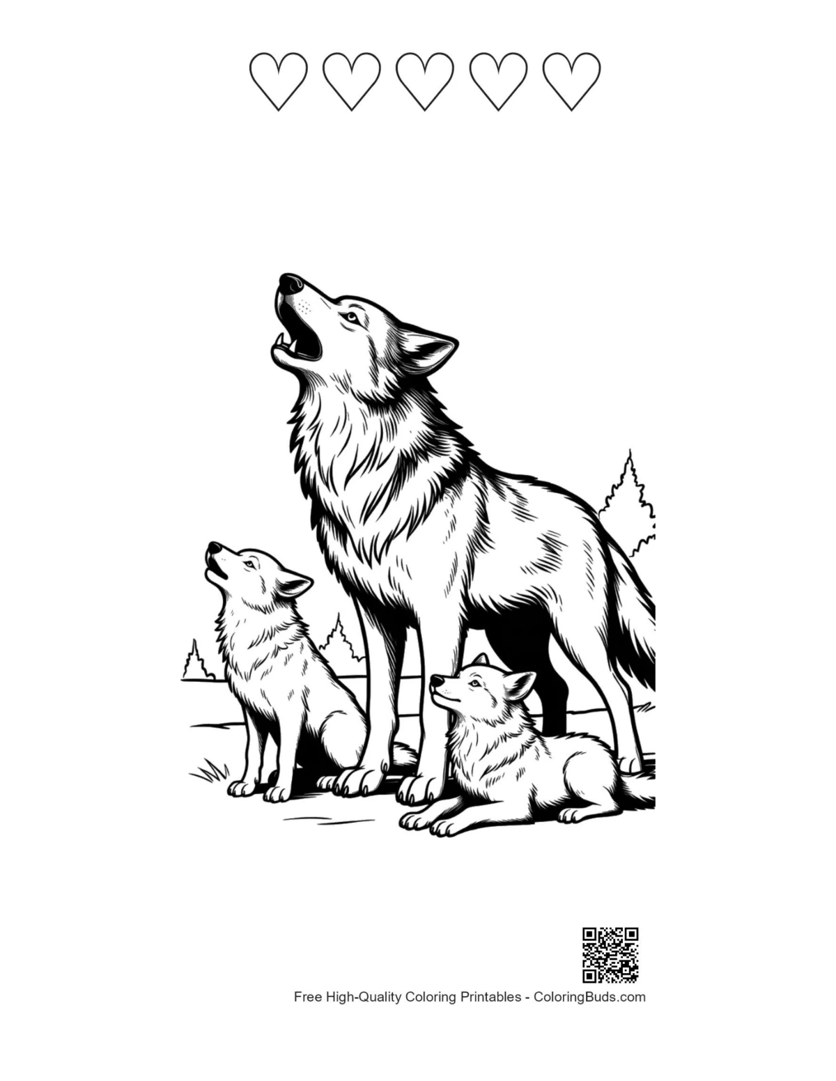 Howling wolf family printable with heart outlines