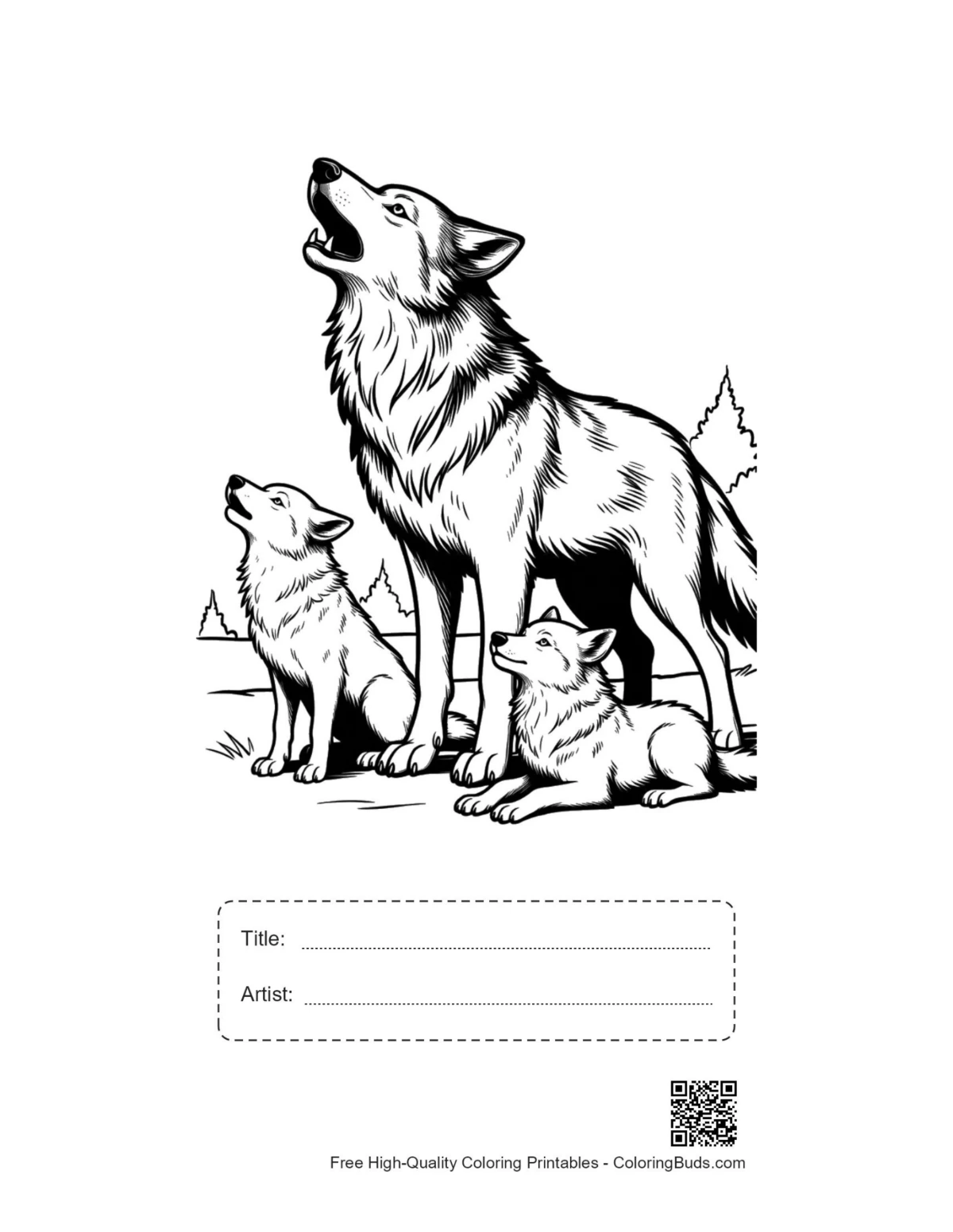 Printable family wolves howling with title artist box