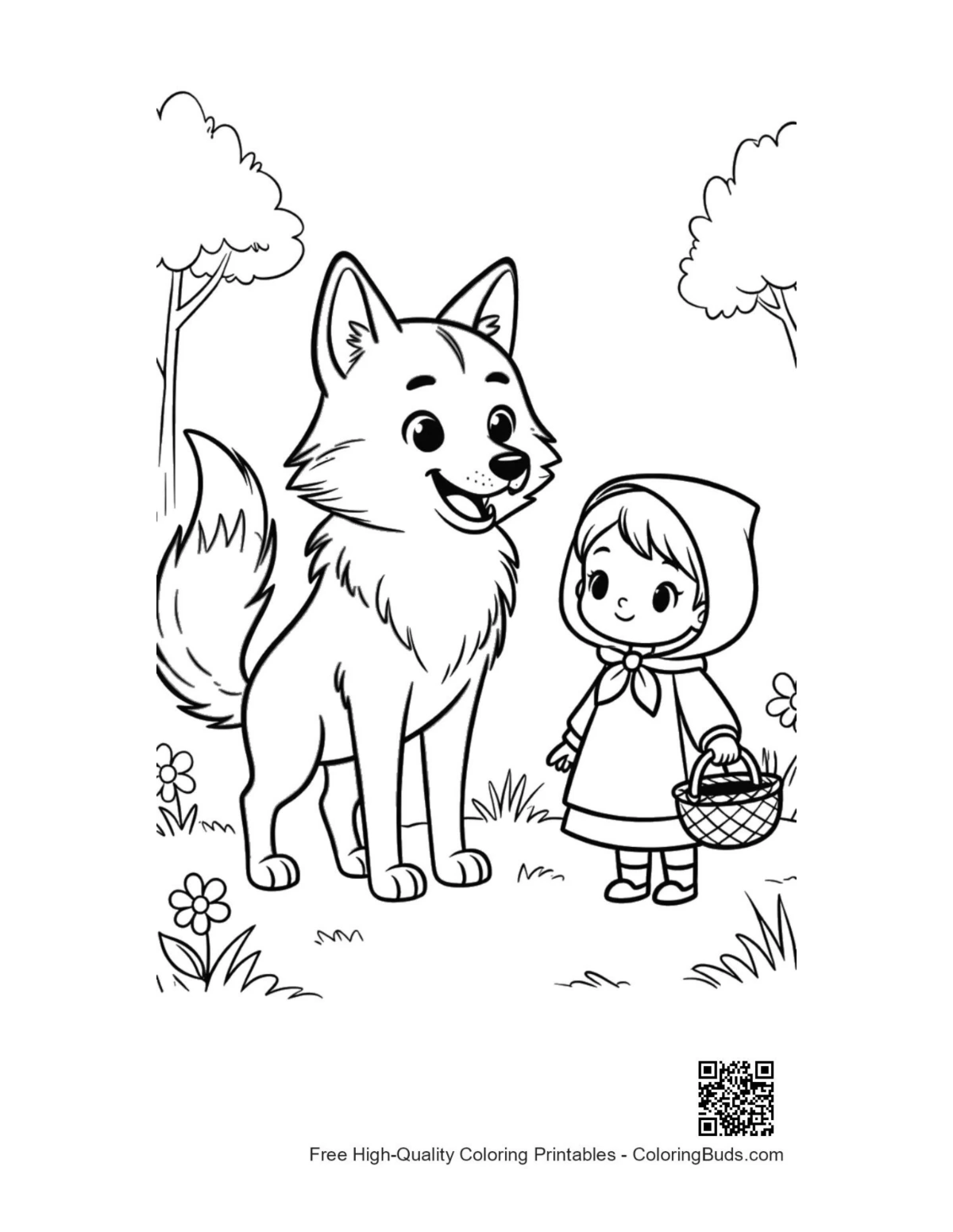 Gray wolf meeting hooded cape girl printable coloring page