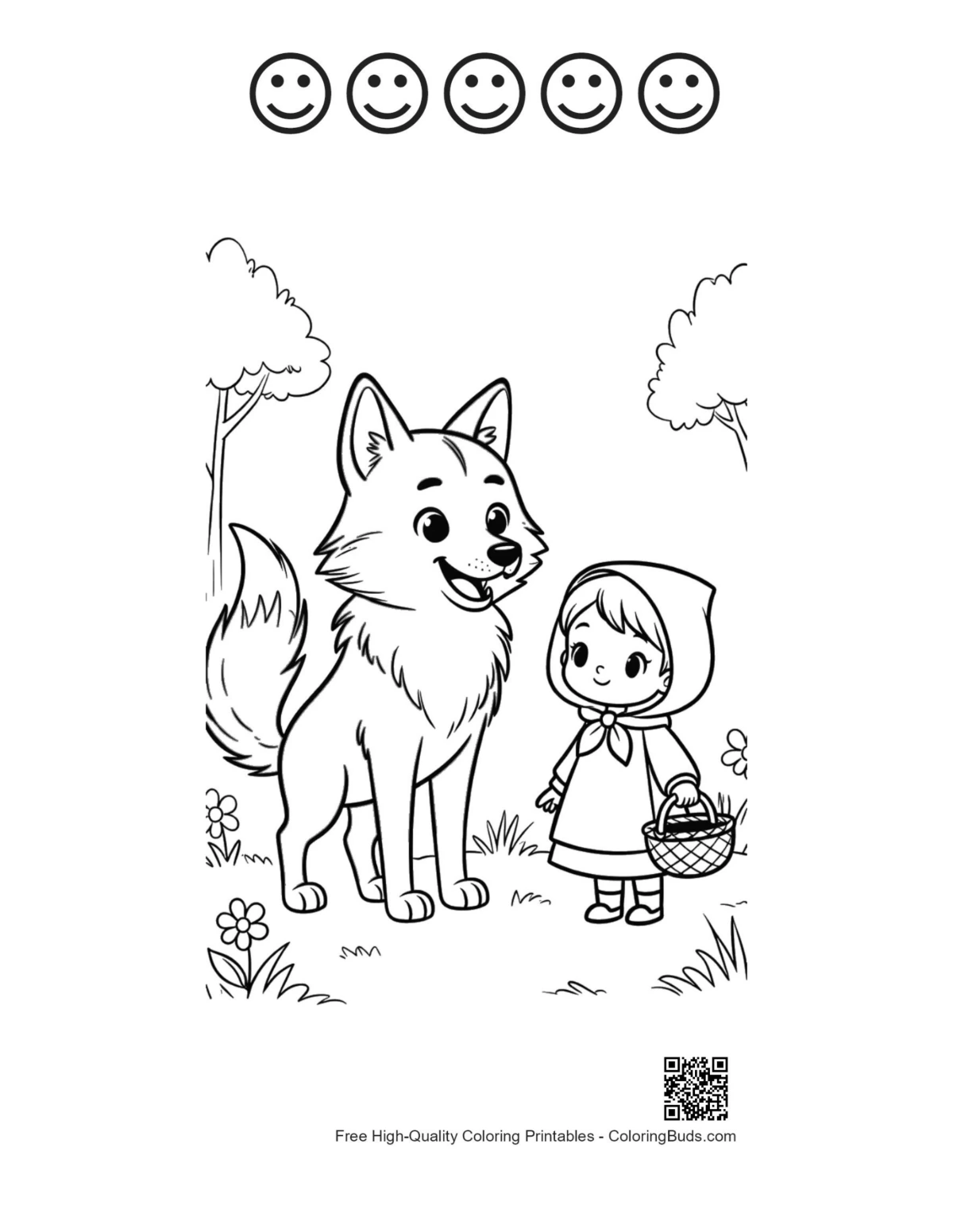 Forest wolf hooded cape girl with 5 happy faces outline