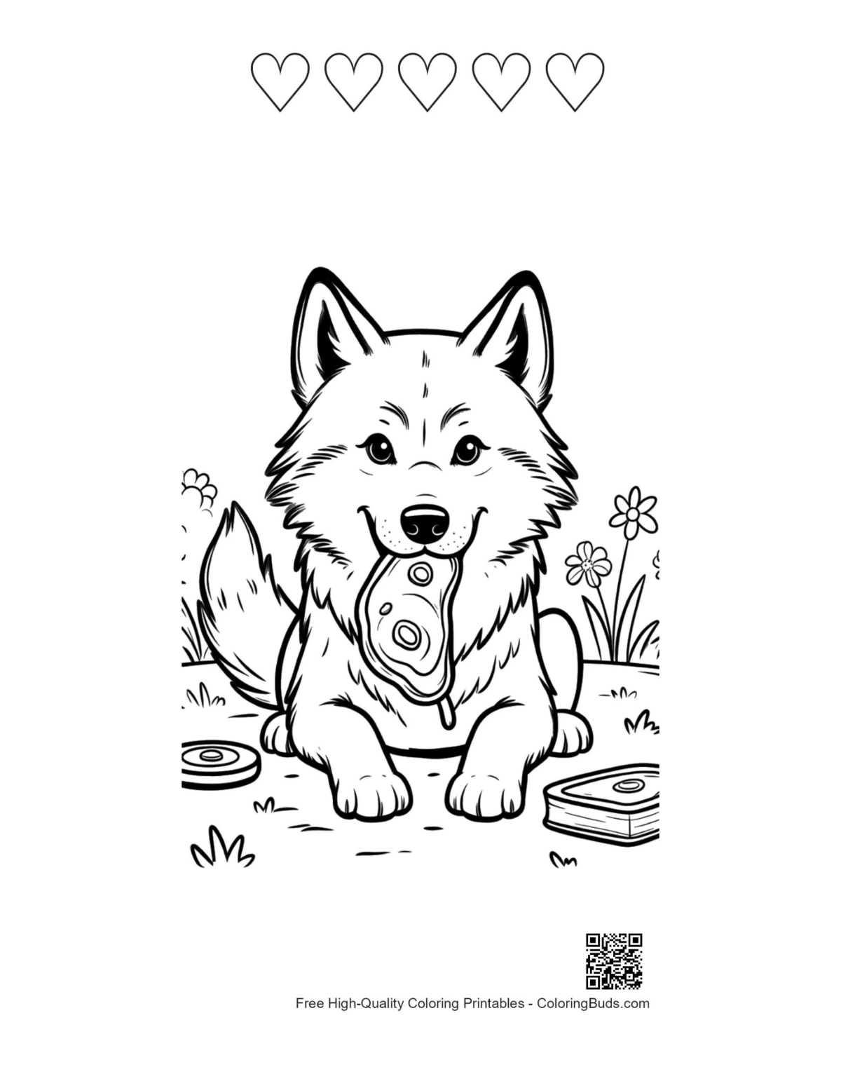 Gray wolf with 5 hearts outline printable