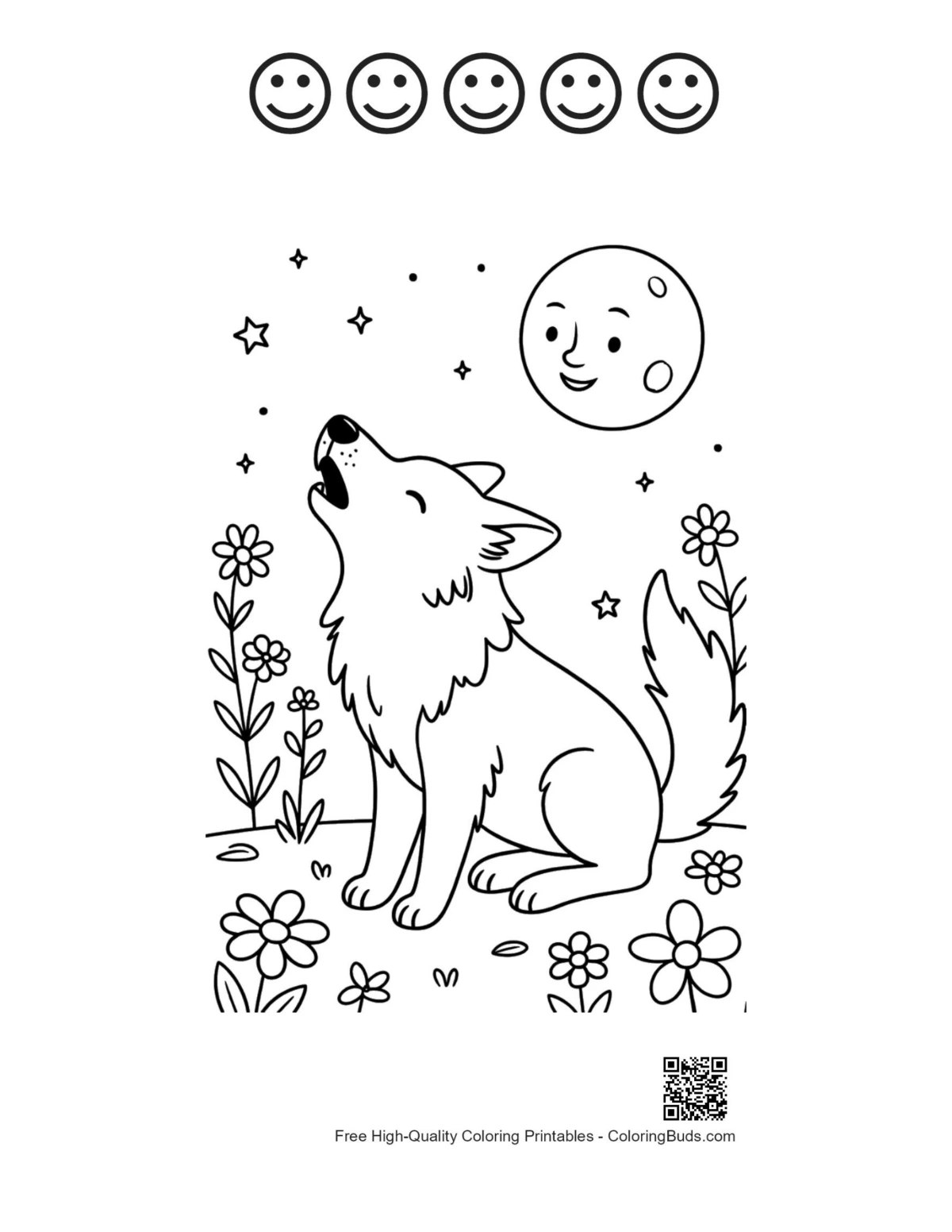 Kids howling wolf printable featuring 5 happy faces