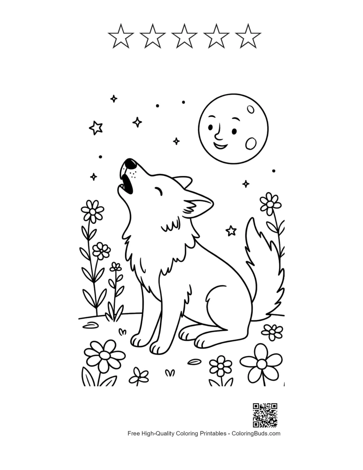 Howling wolf printable with 5-star outlines for kids