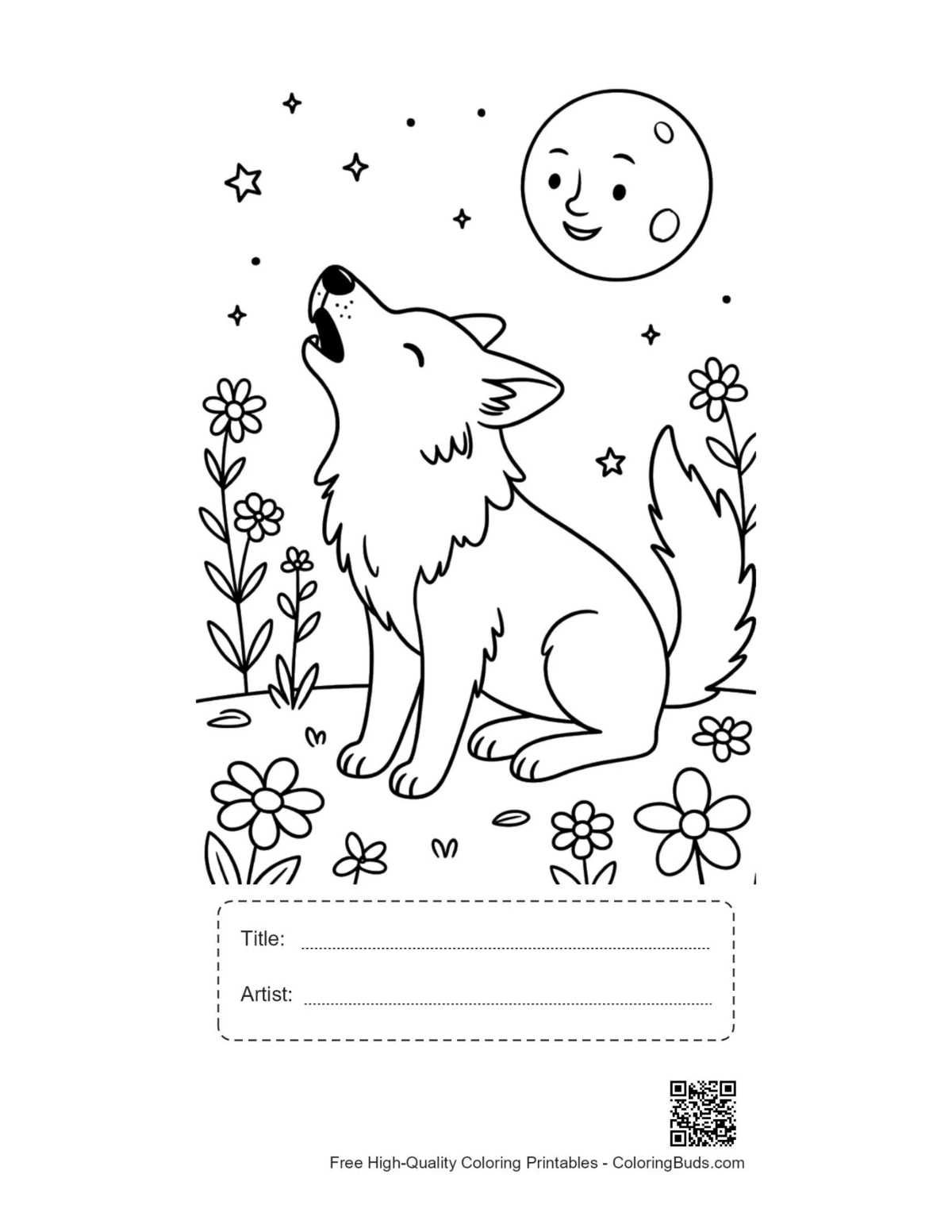 Printable howling wolf with title and artist space for kids