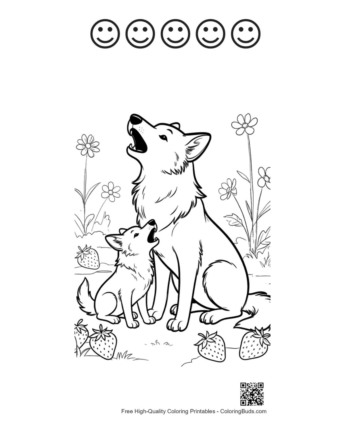 Howling wolf printable with 5 happy faces