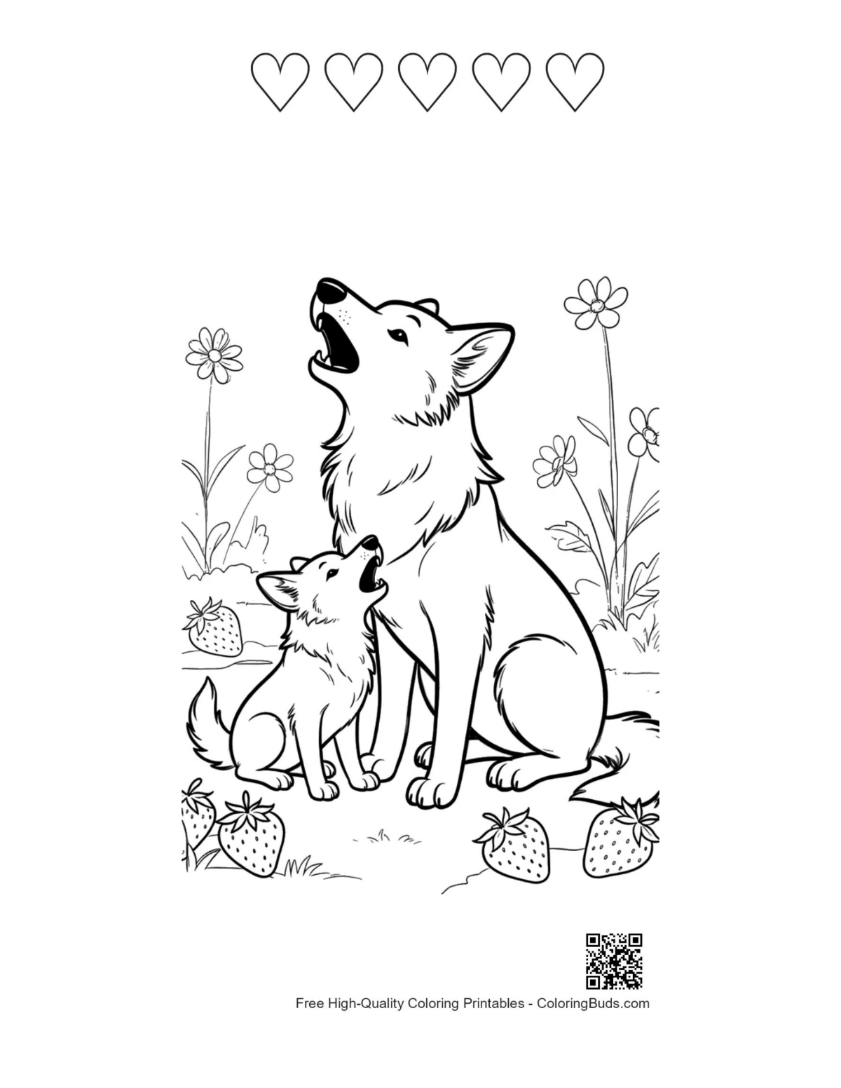 Free howling wolf with 5 heart outlines