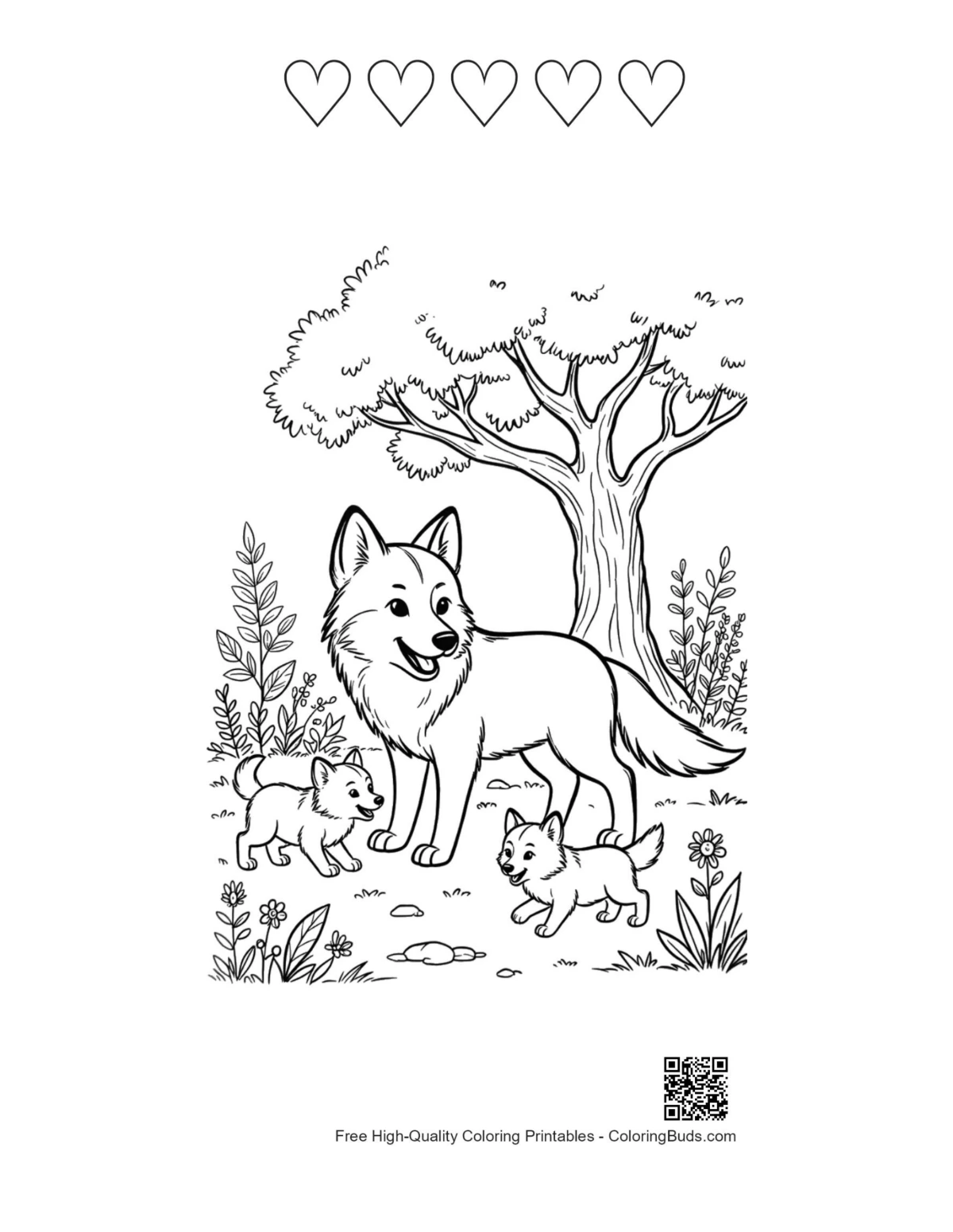 Gray wolf sheet with heart-shaped outlines printable