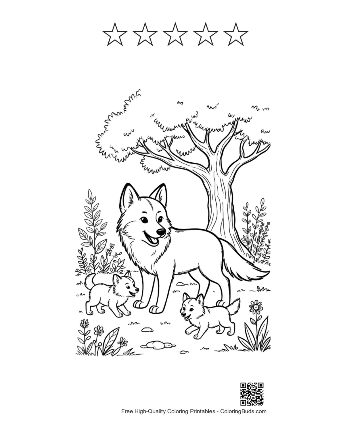 Gray wolf printable with five-star rating outlines