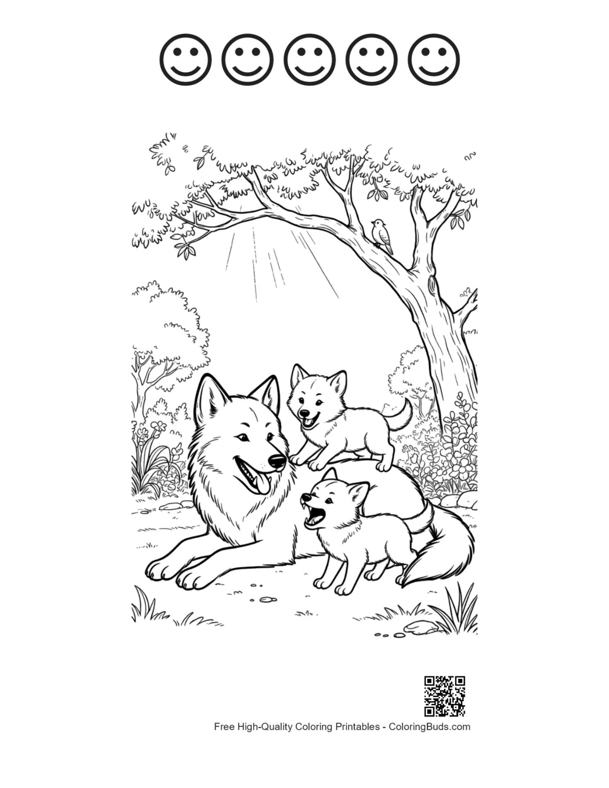 Gray wolf sheet with 5 happy faces outline