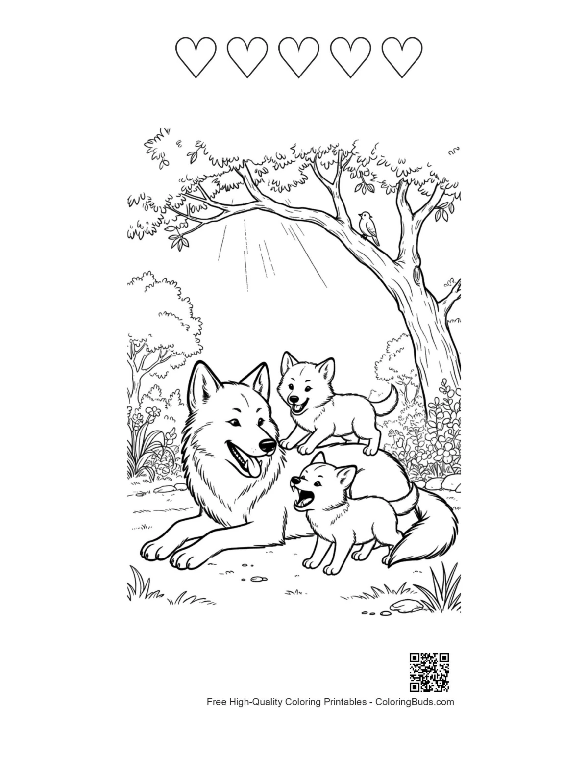 Gray wolf coloring with 5 heart outlines