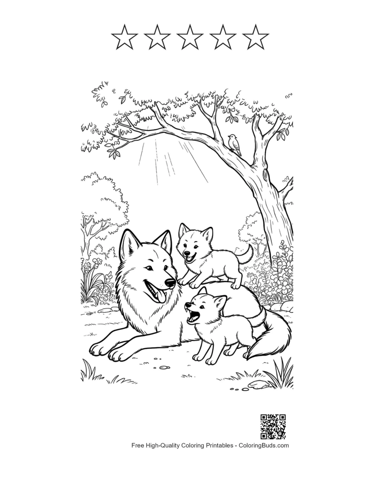 Gray wolf printable with 5 star outlines