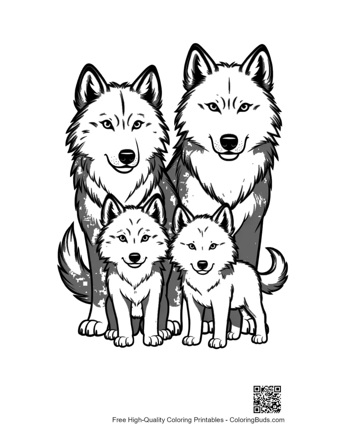Gray wolf family portrait printable outline