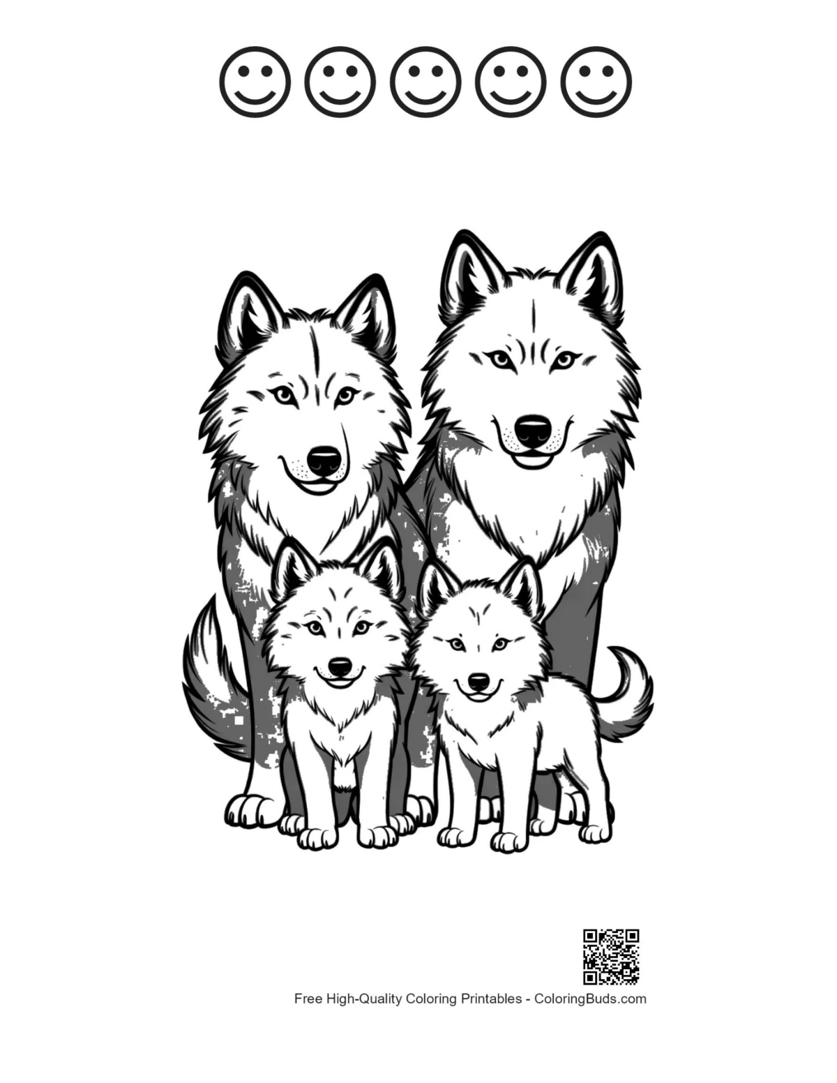 Gray wolf family portrait with happy faces outline
