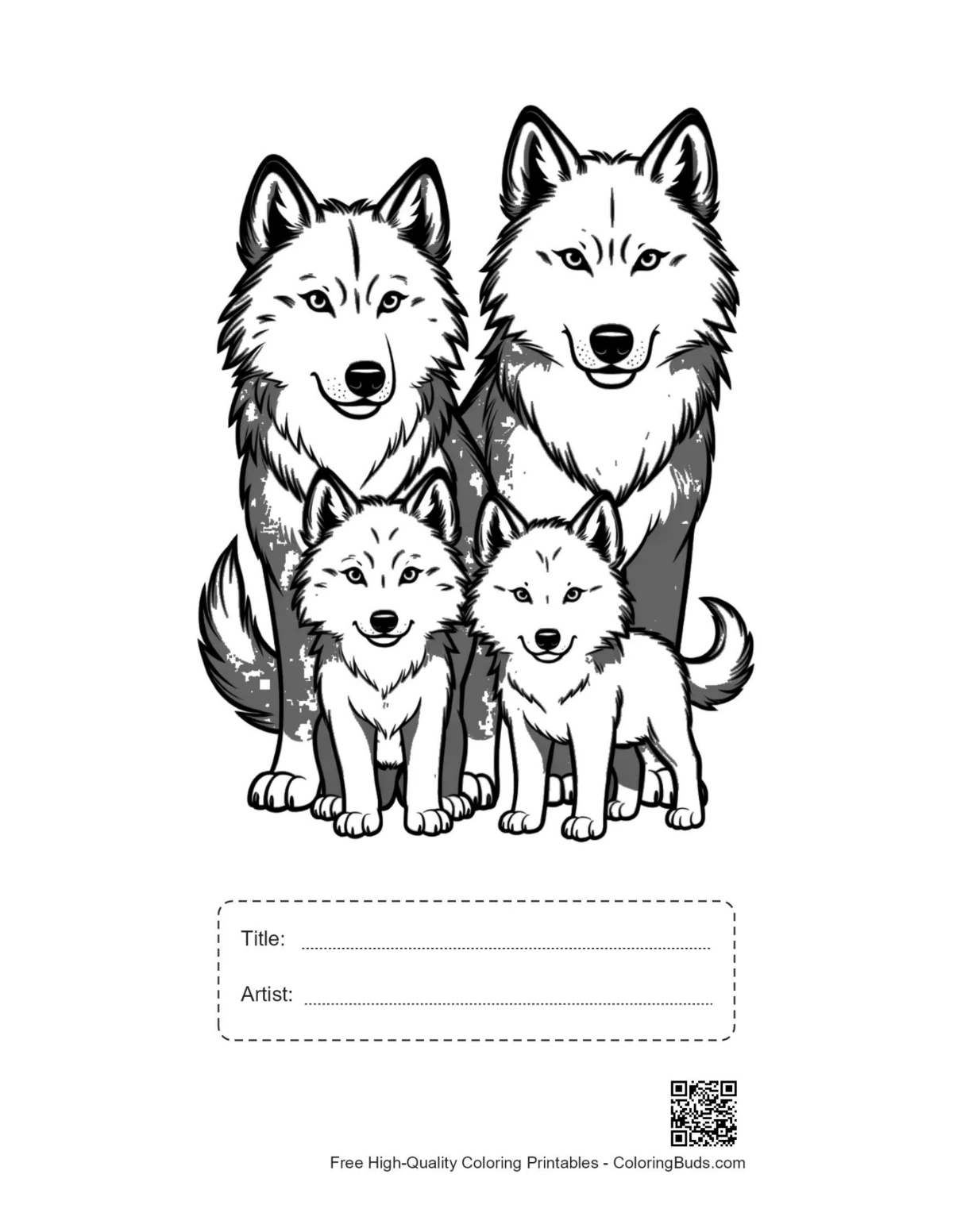 Printable gray wolf family portrait with title space