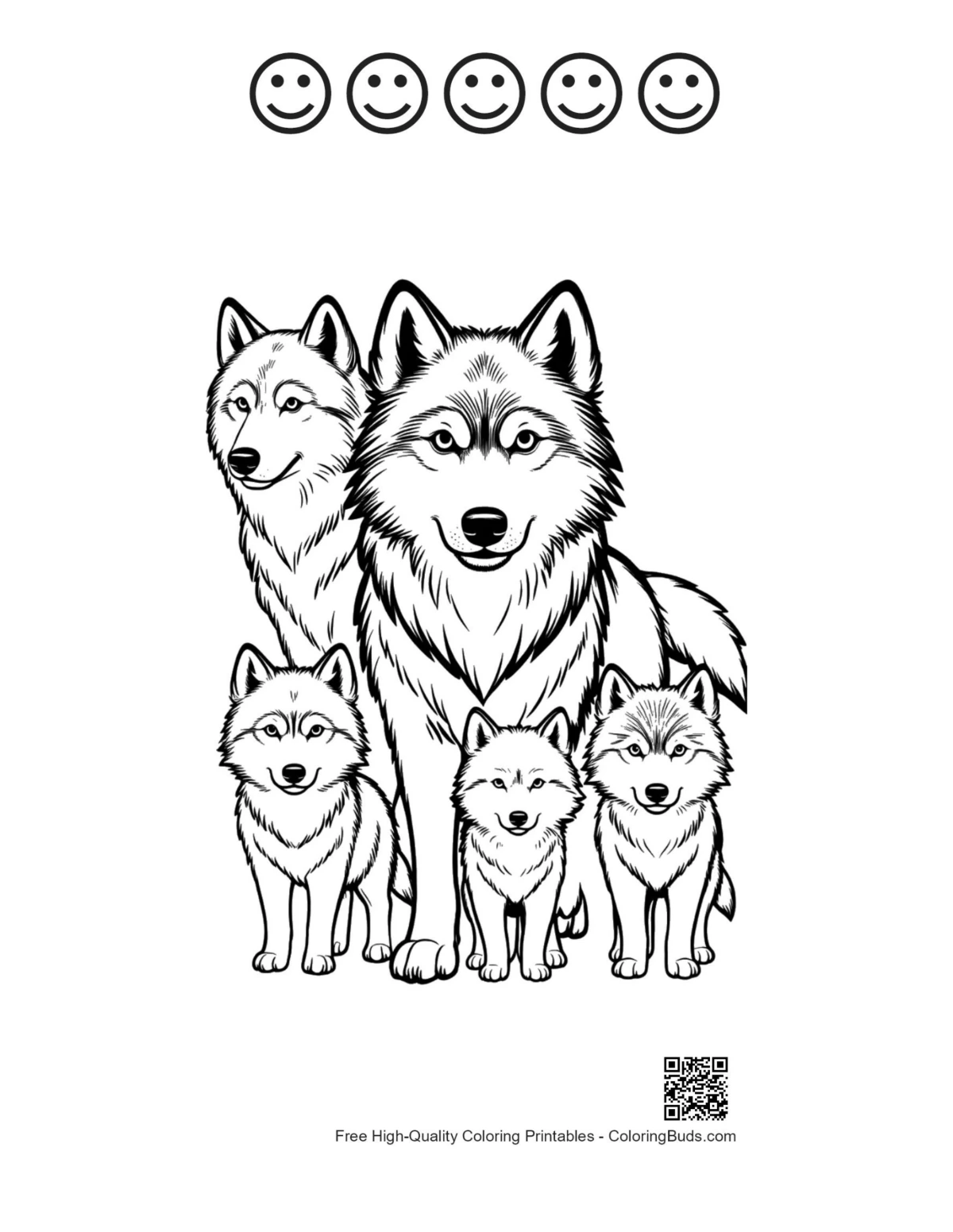 Gray wolf family with 5 happy face outlines printable