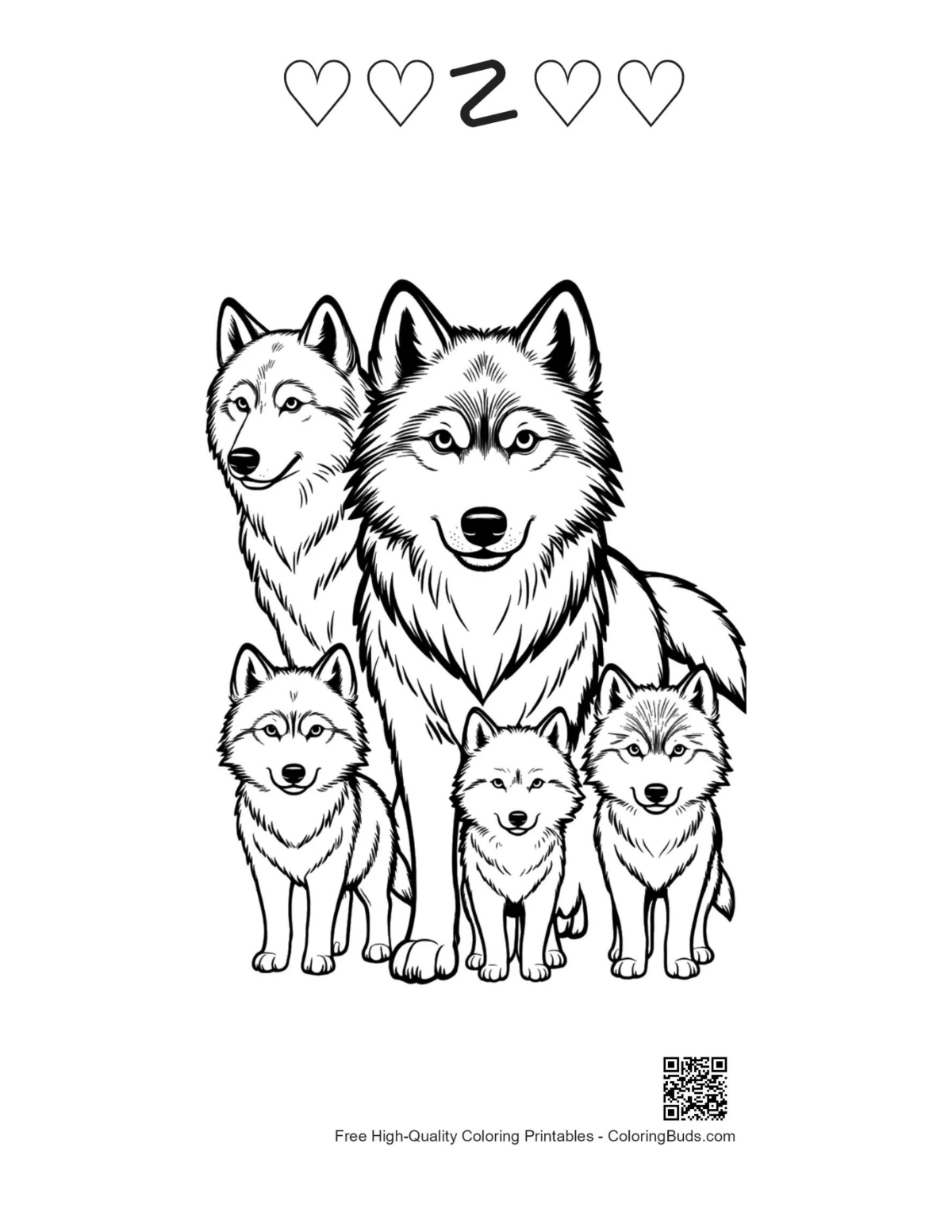Gray wolf family printable featuring 5 heart outlines
