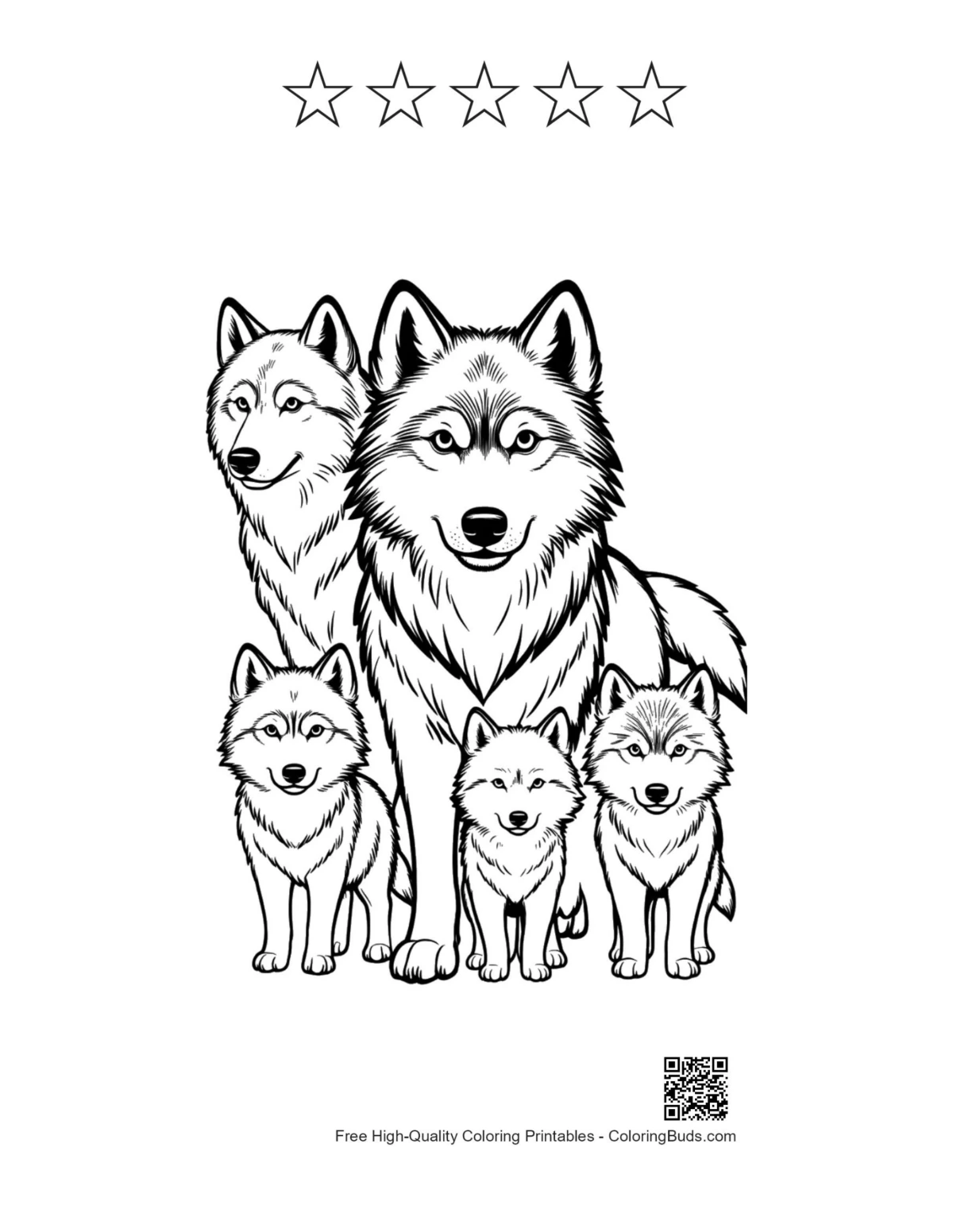 Gray wolf family printable with 5-star outline design