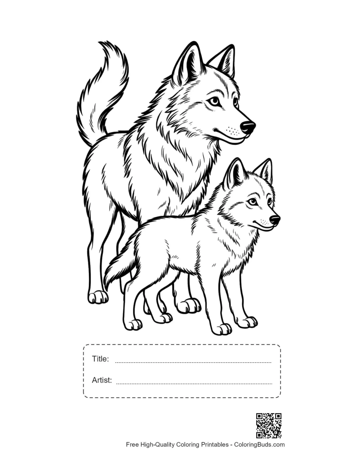 Printable gray wolf pair with title box