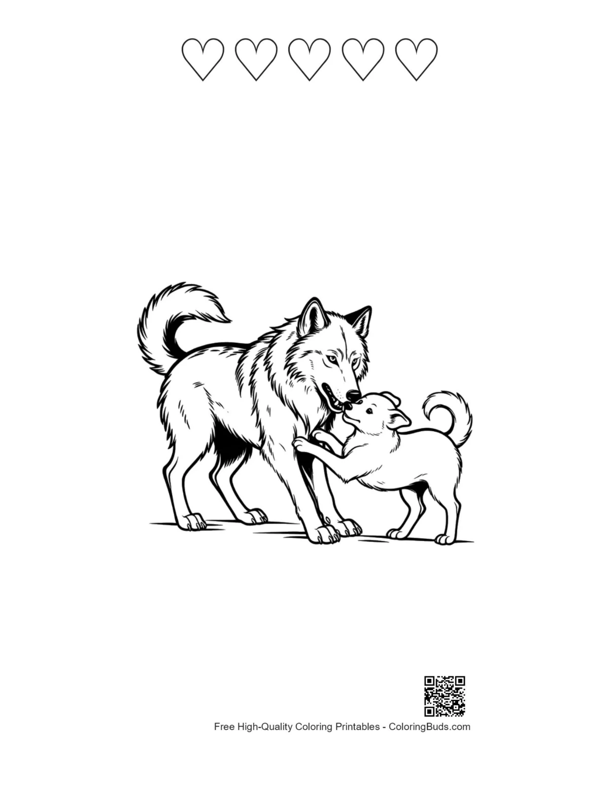 Gray wolf wrestling printable with heart shapes
