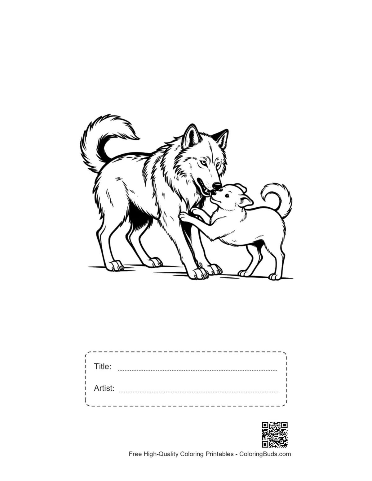 Printable gray wolf wrestling scene with title box