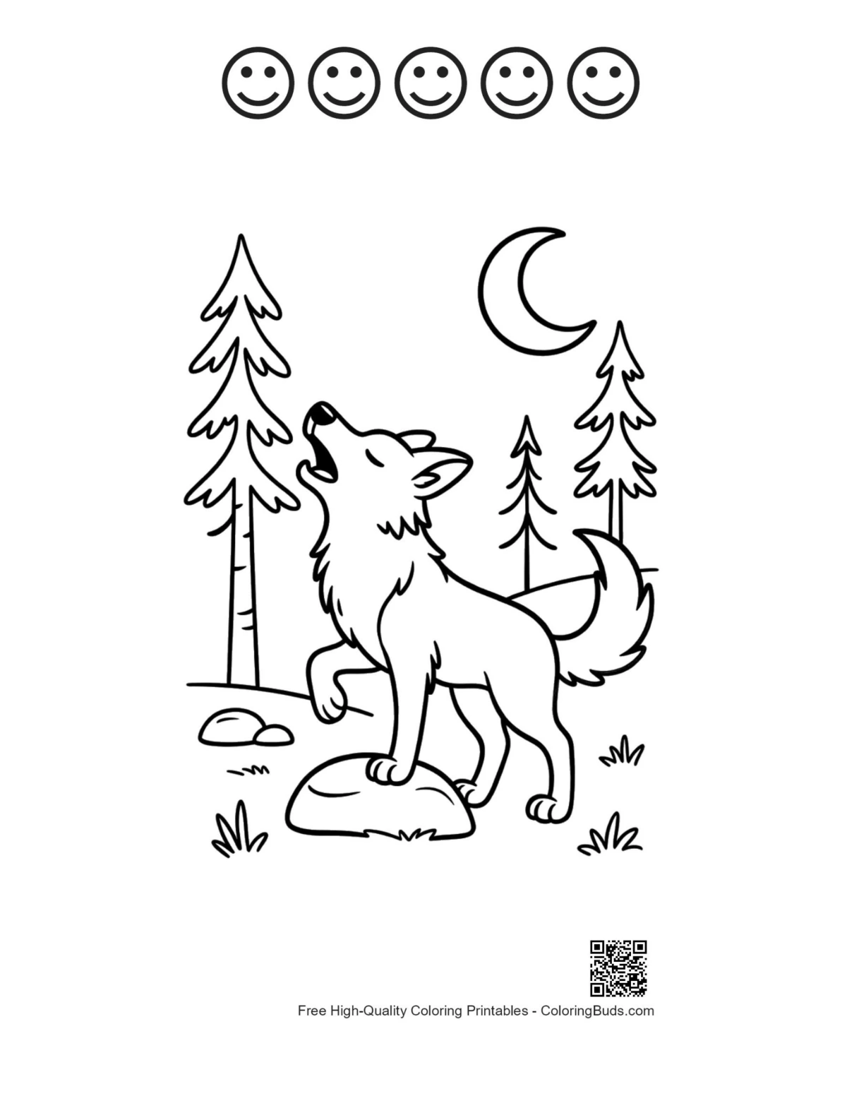 Gray wolf with 5 happy faces outline printable