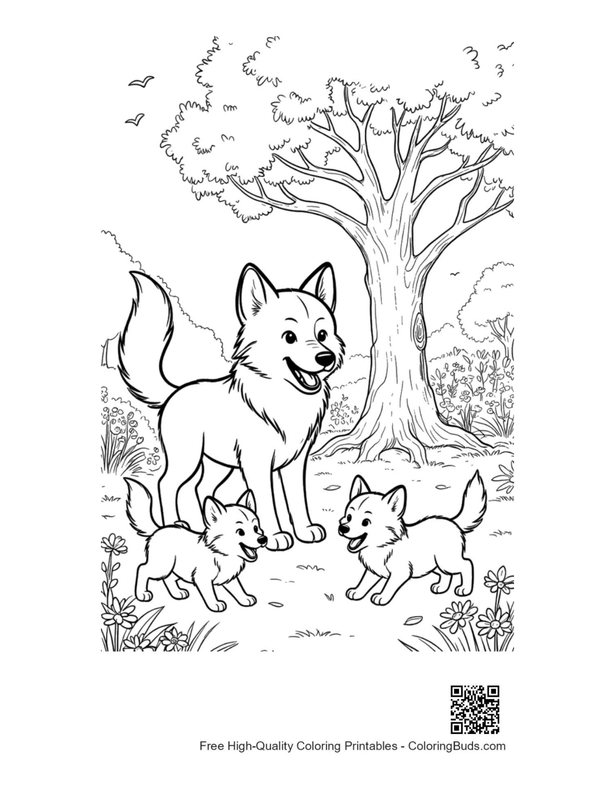 Cute gray wolf pups playing around mother printable