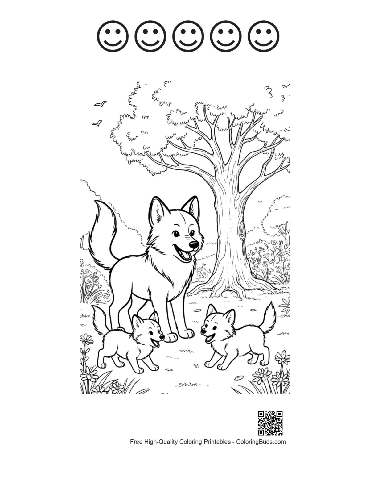 Wolf pups happy face outline coloring printable