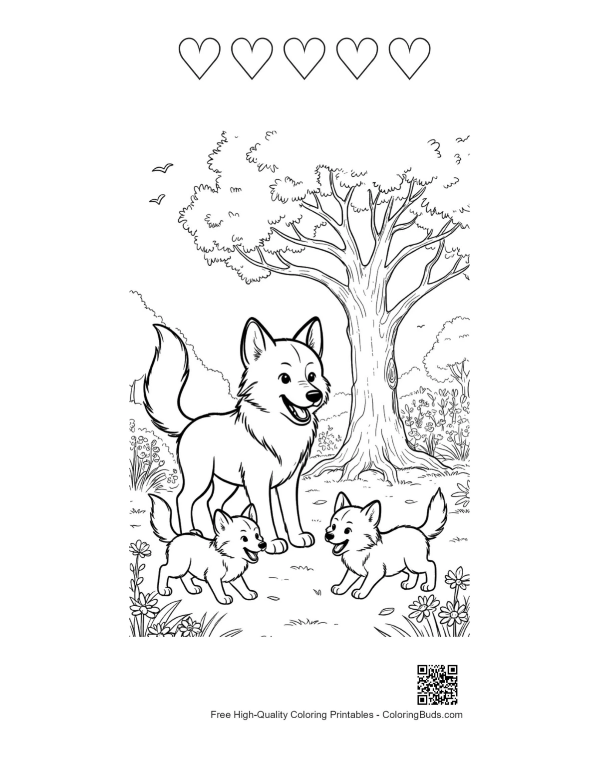 Cute wolf family 5 heart outline printable