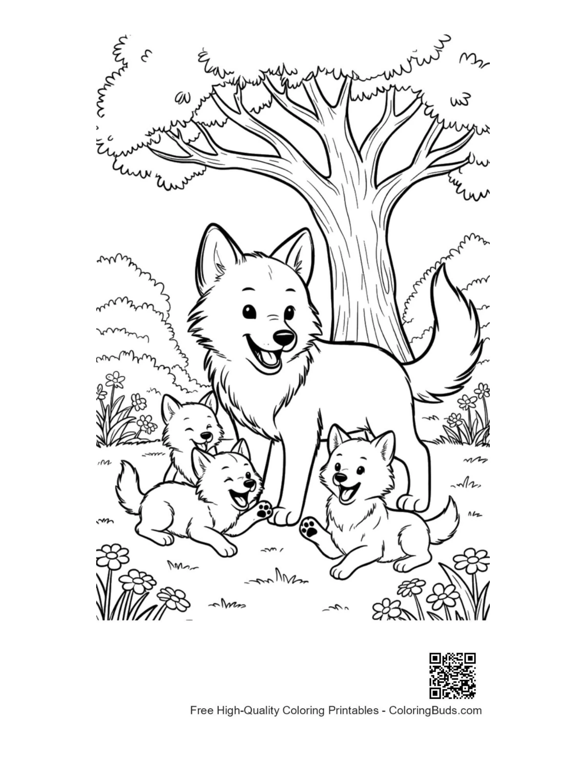 Happy mother gray wolf with playing cubs printable