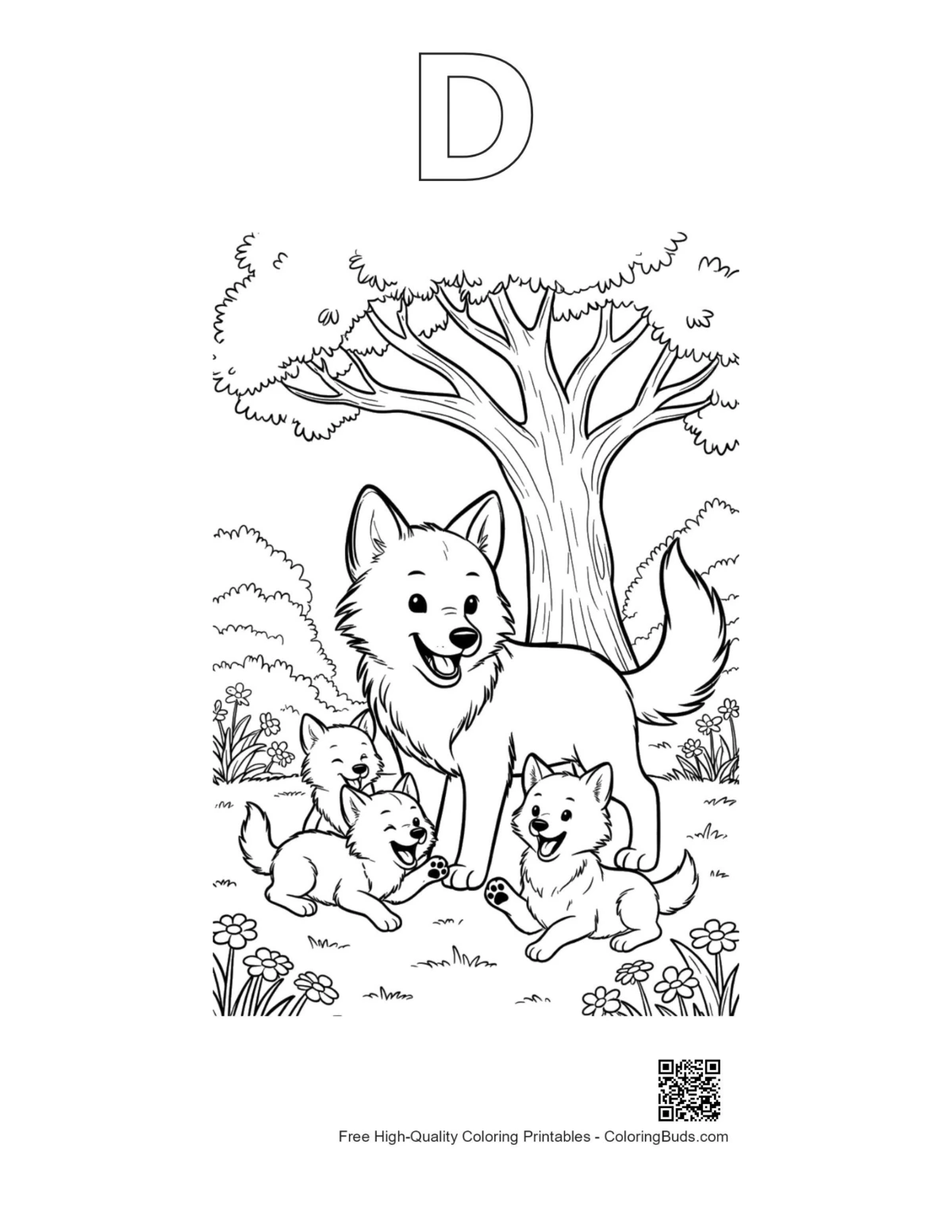 Mother wolf cubs printable with alphabet D outline