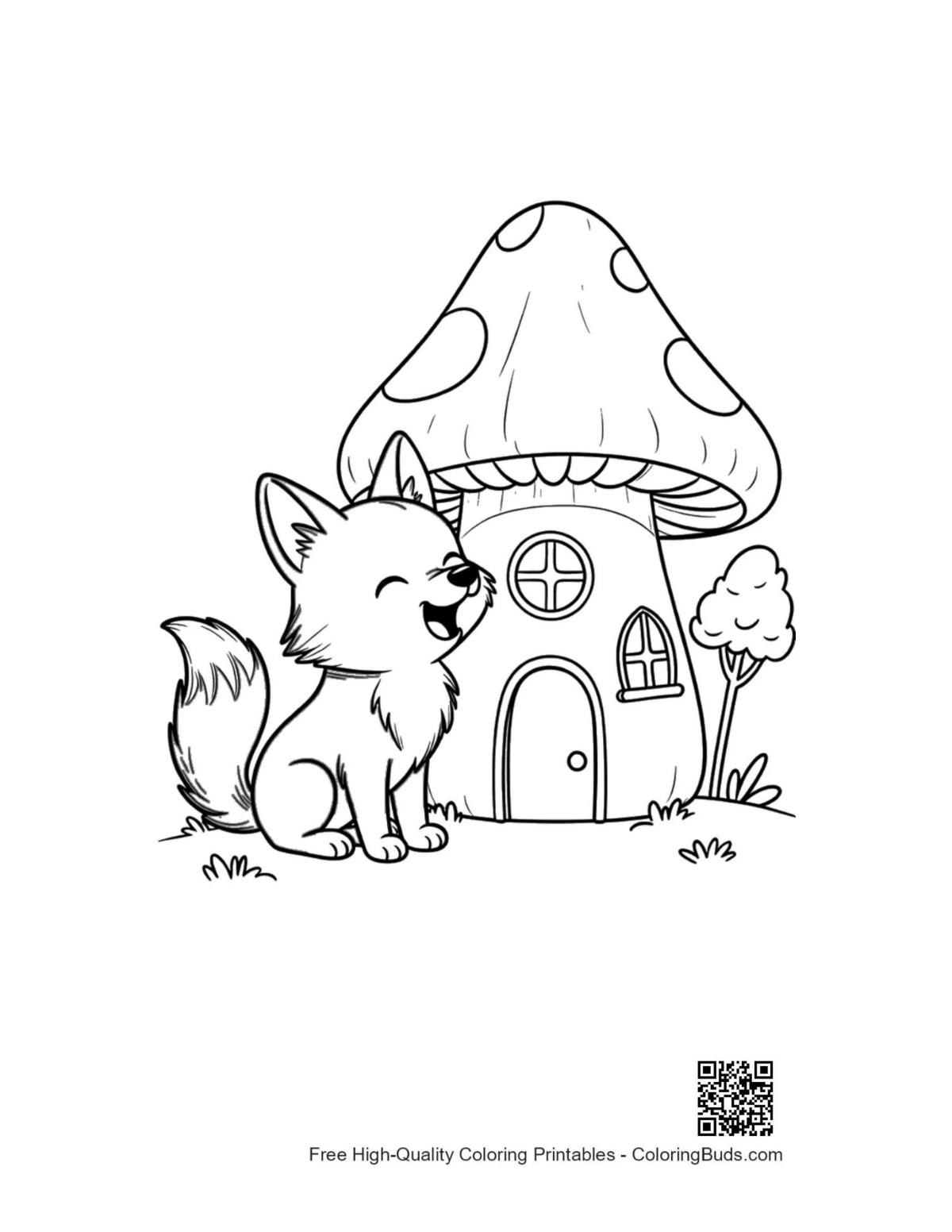 Happy wolf pup howling near mushroom cottage printable