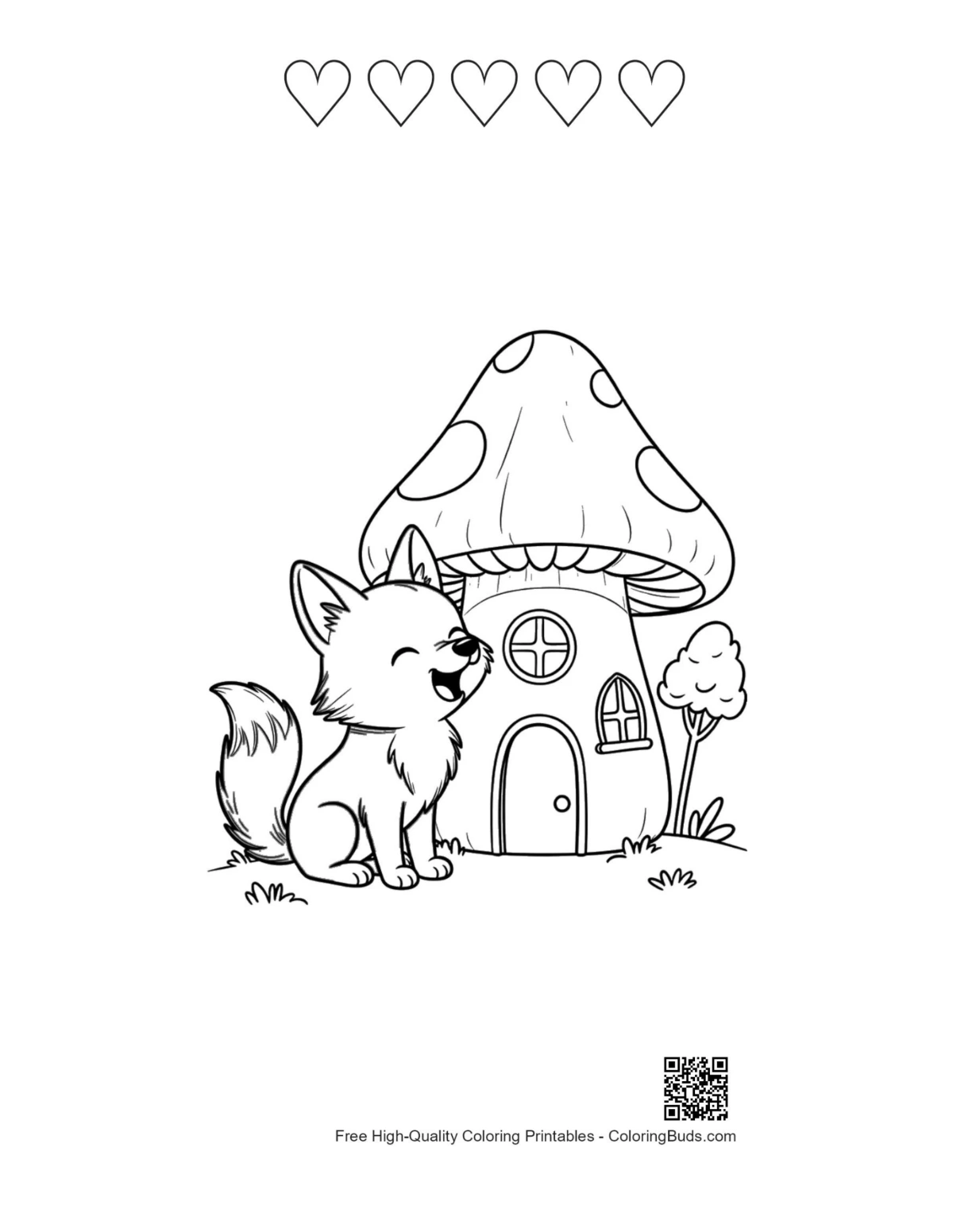 Happy wolf pup printable with 5 heart outlines
