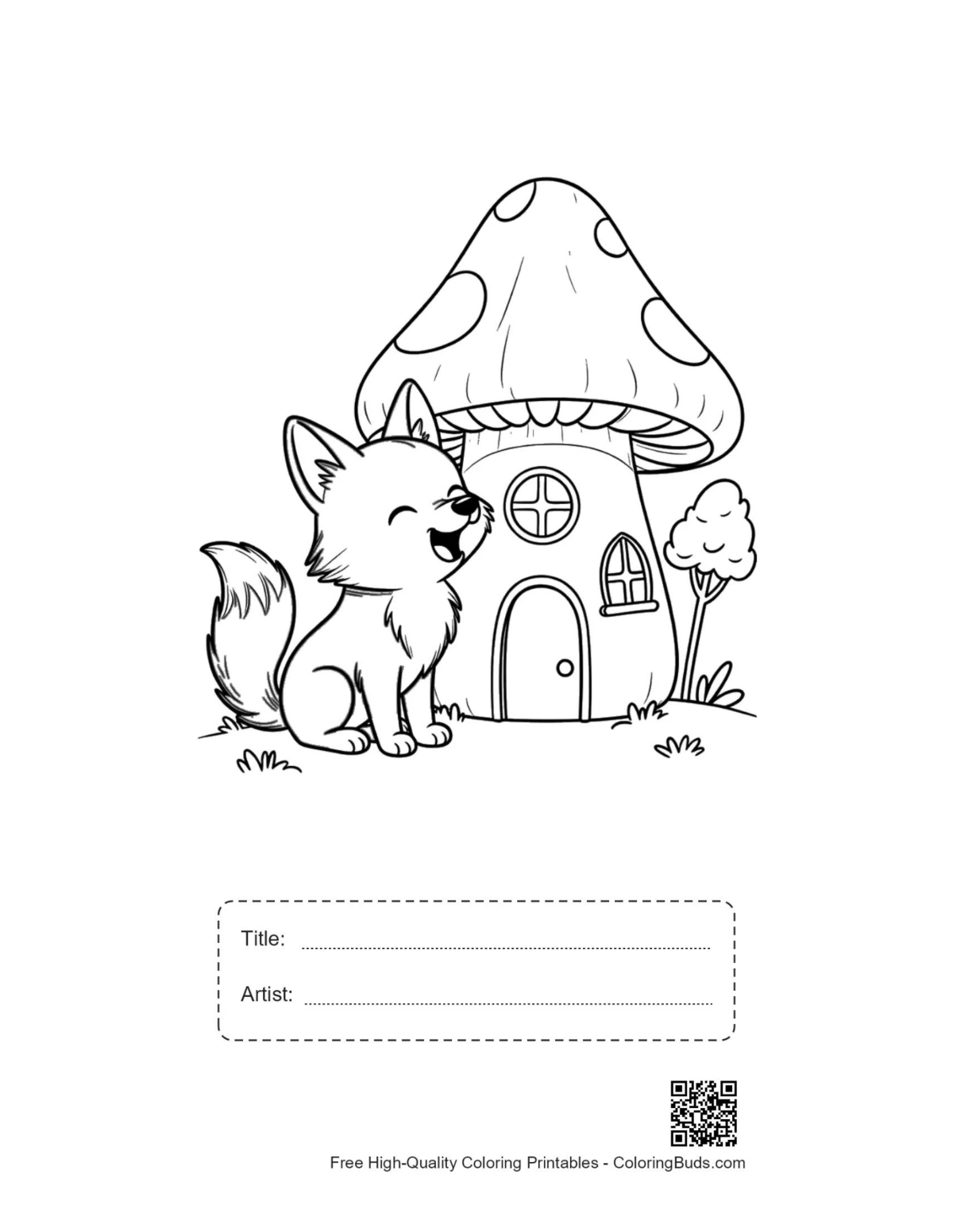 Happy wolf pup howling printable with title artist box