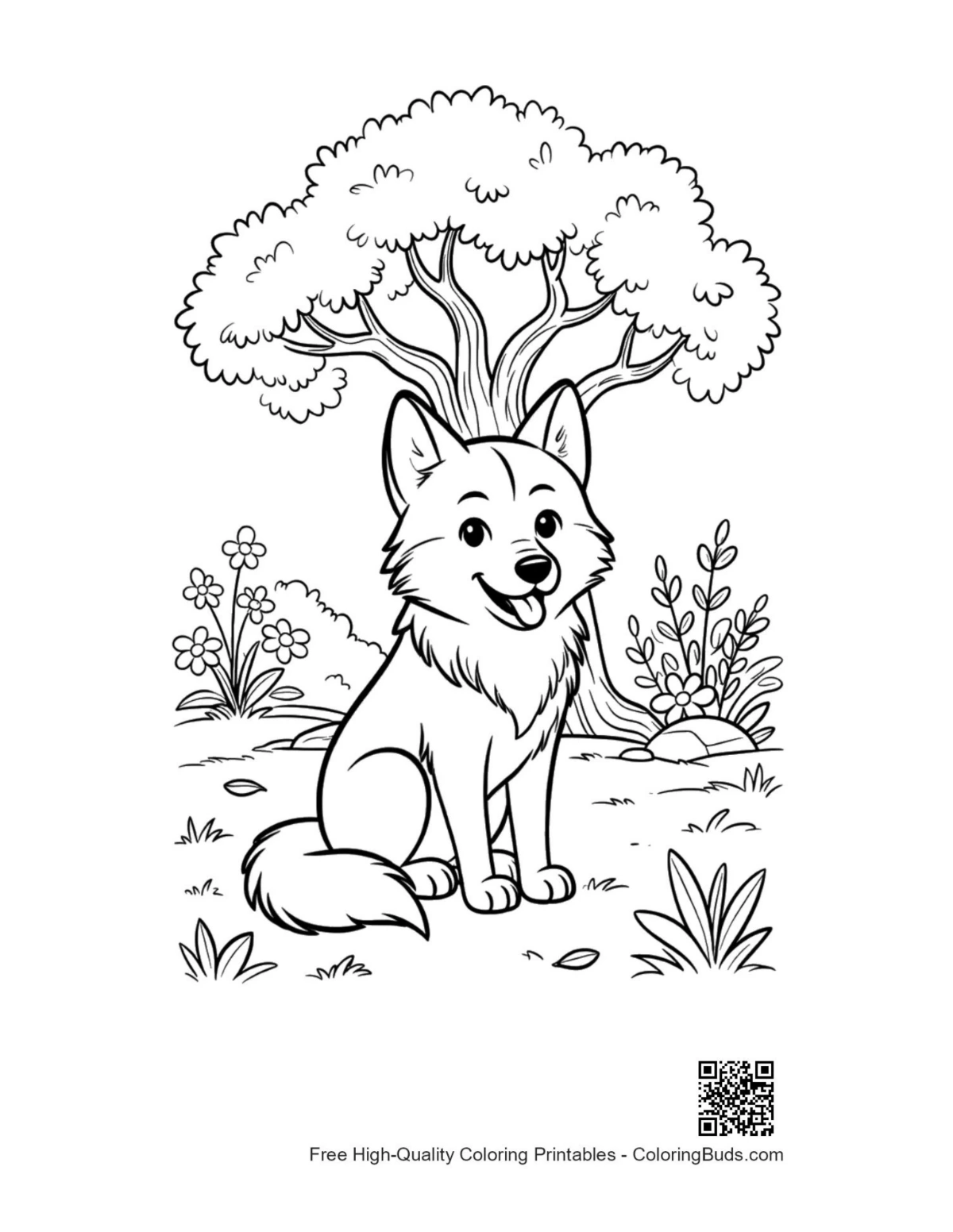 Happy gray wolf pup in flower meadow coloring printable