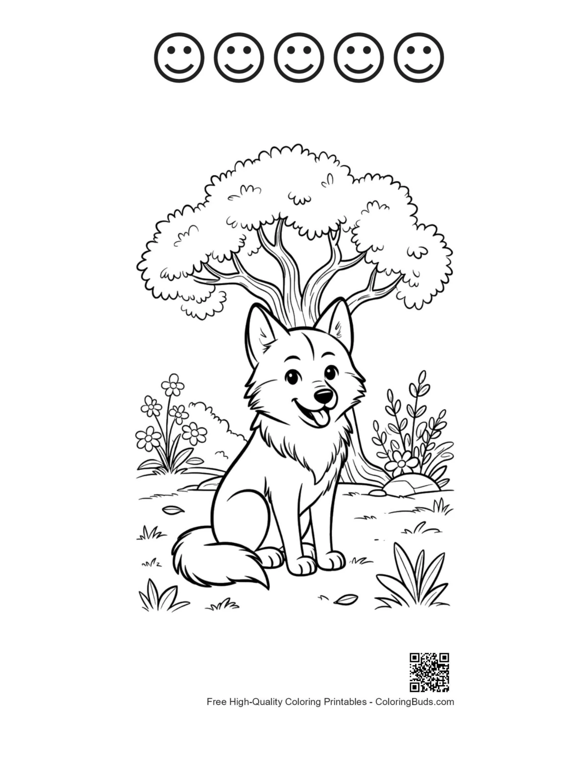 Happy wolf pup flowers printable with 5 happy faces