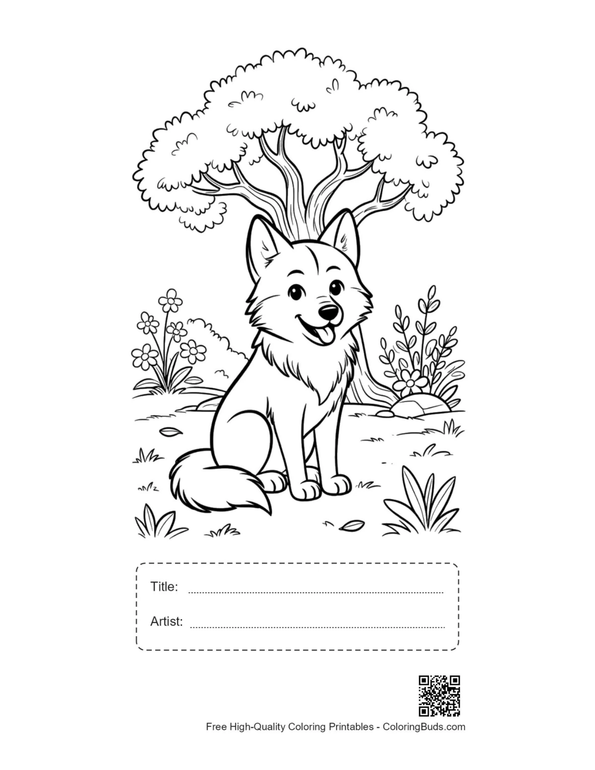 Gray wolf pup meadow printable with title artist box