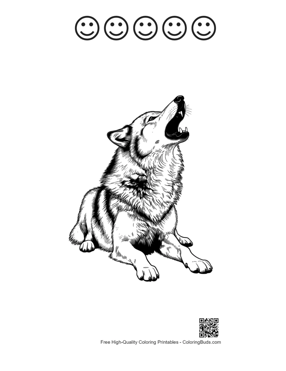 Howling gray wolf coloring page with happy faces