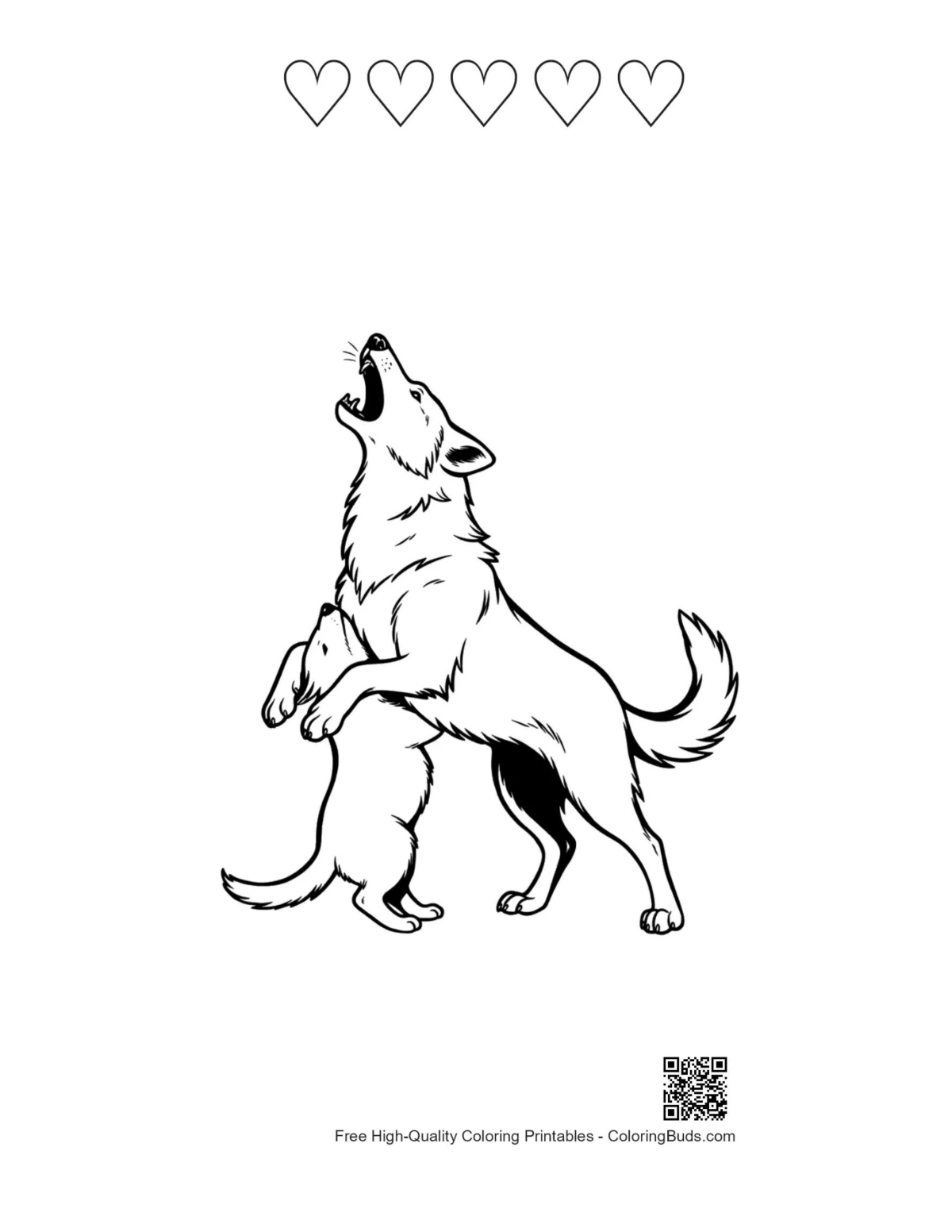 Printable line art of howling wolf with pup and heart outlines