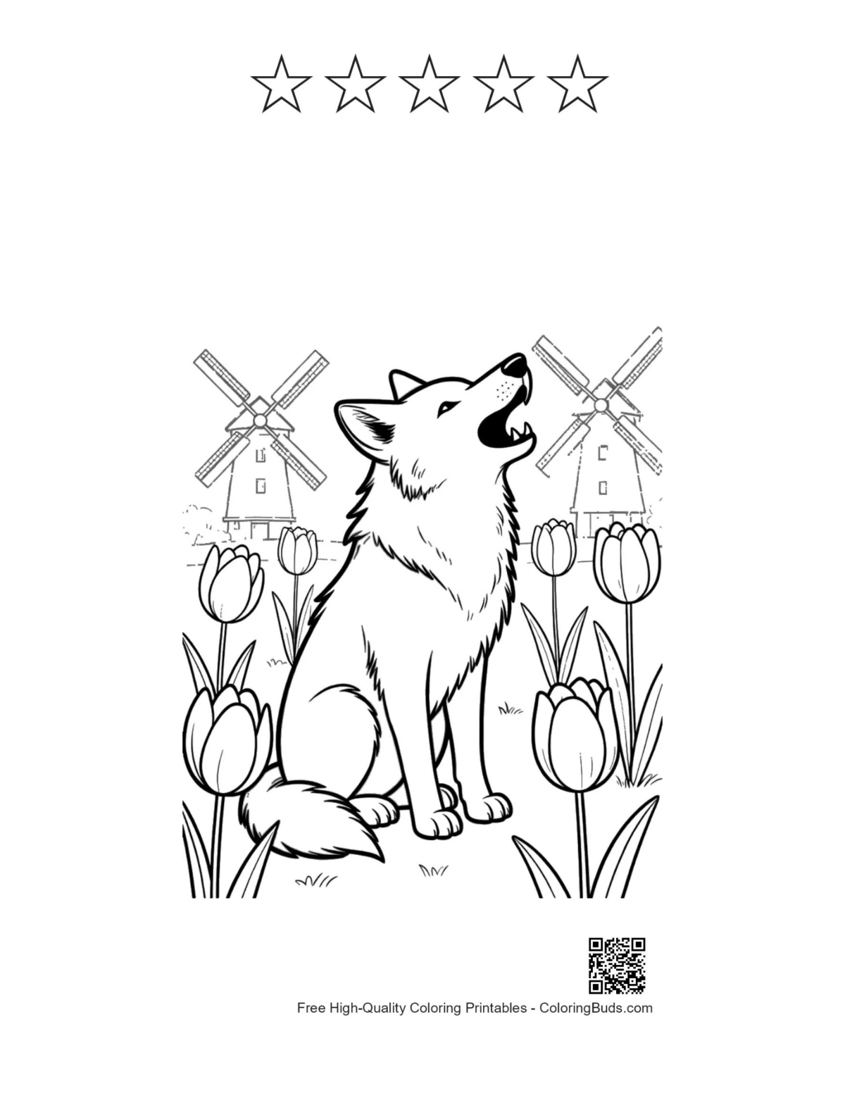 Howling wolf with 5 stars outline printable