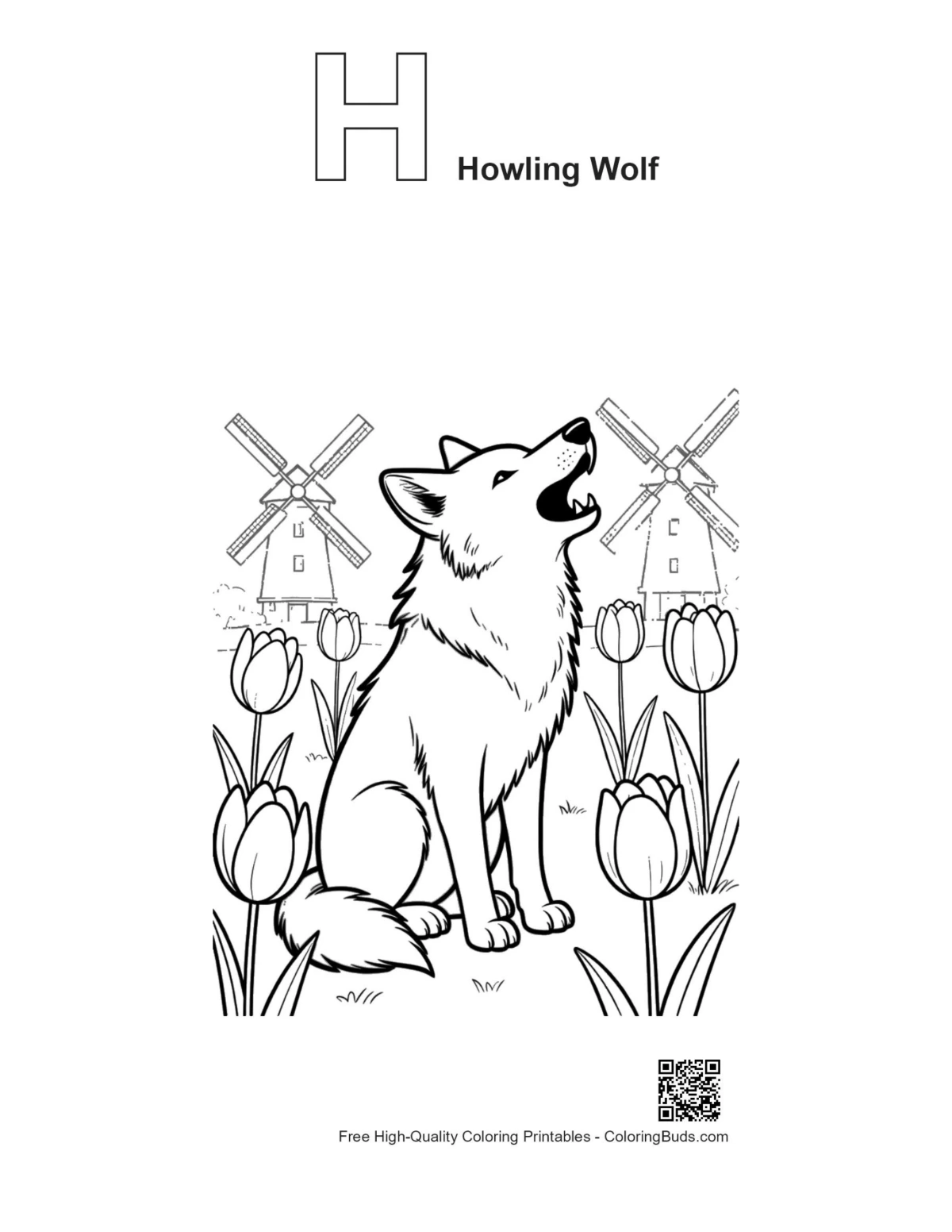 Alphabet H howling wolf coloring outline printable