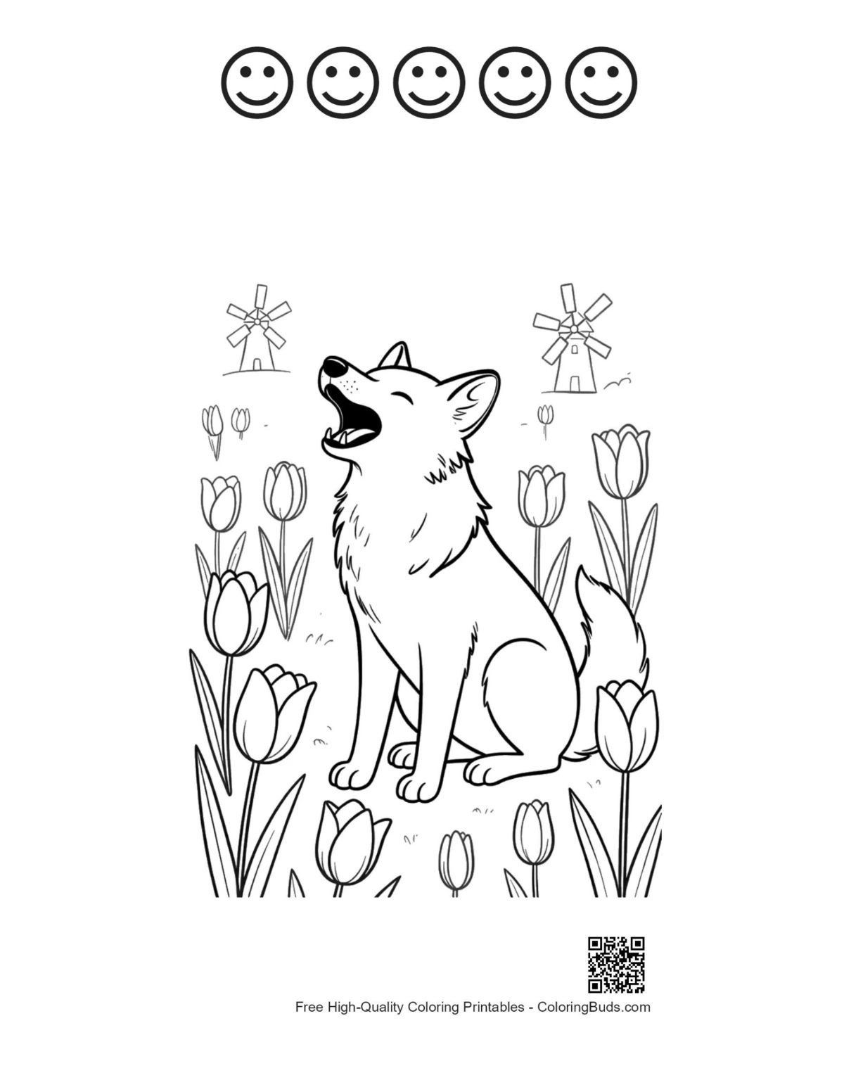 Howling wolf with 5 happy face outlines kids printable