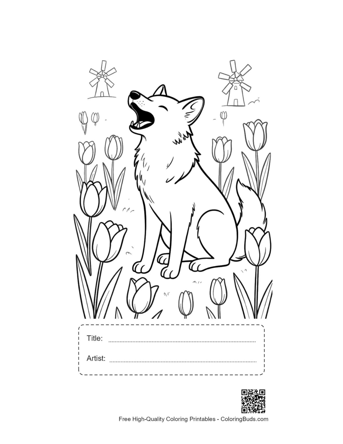 Howling wolf printable with title and artist box for kids