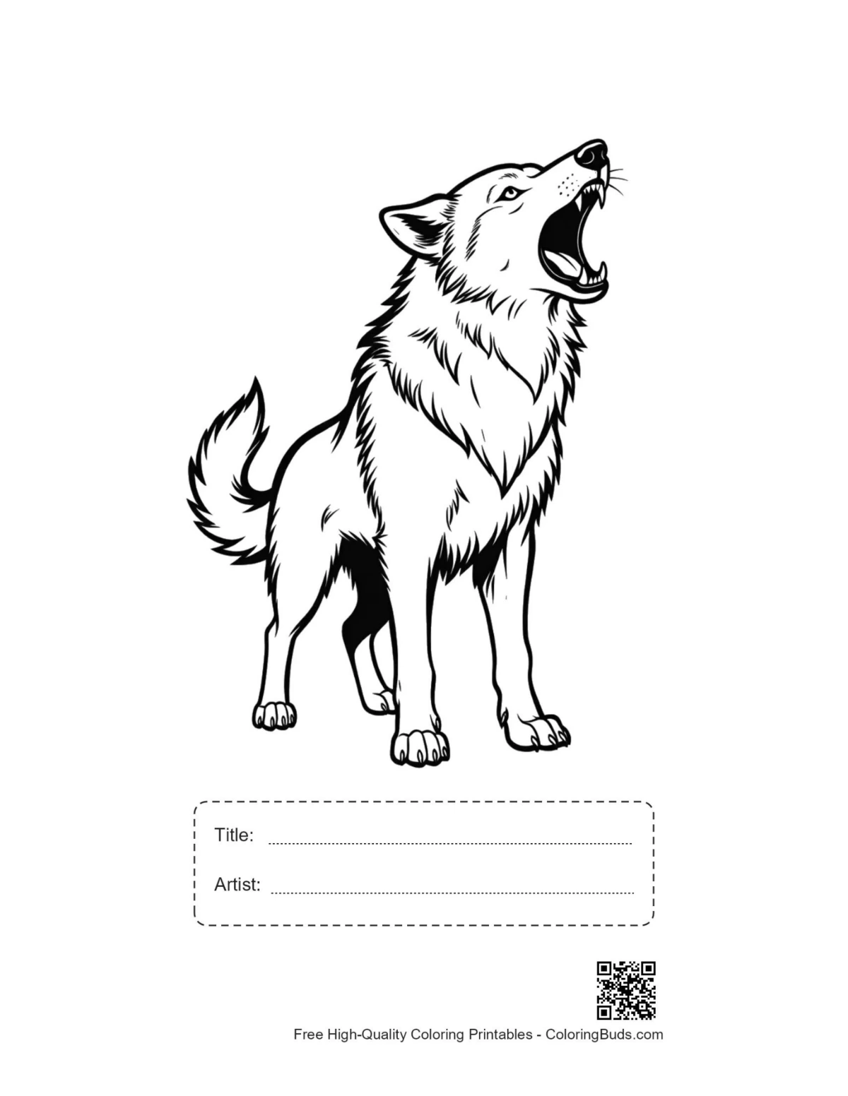 Printable howling wolf art with title box