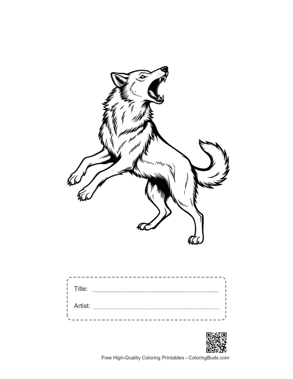 Printable howling wolf with title and artist space
