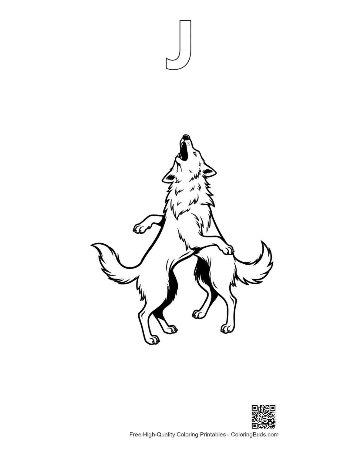 Howling wolf silhouette printable outline shaped like alphabet J