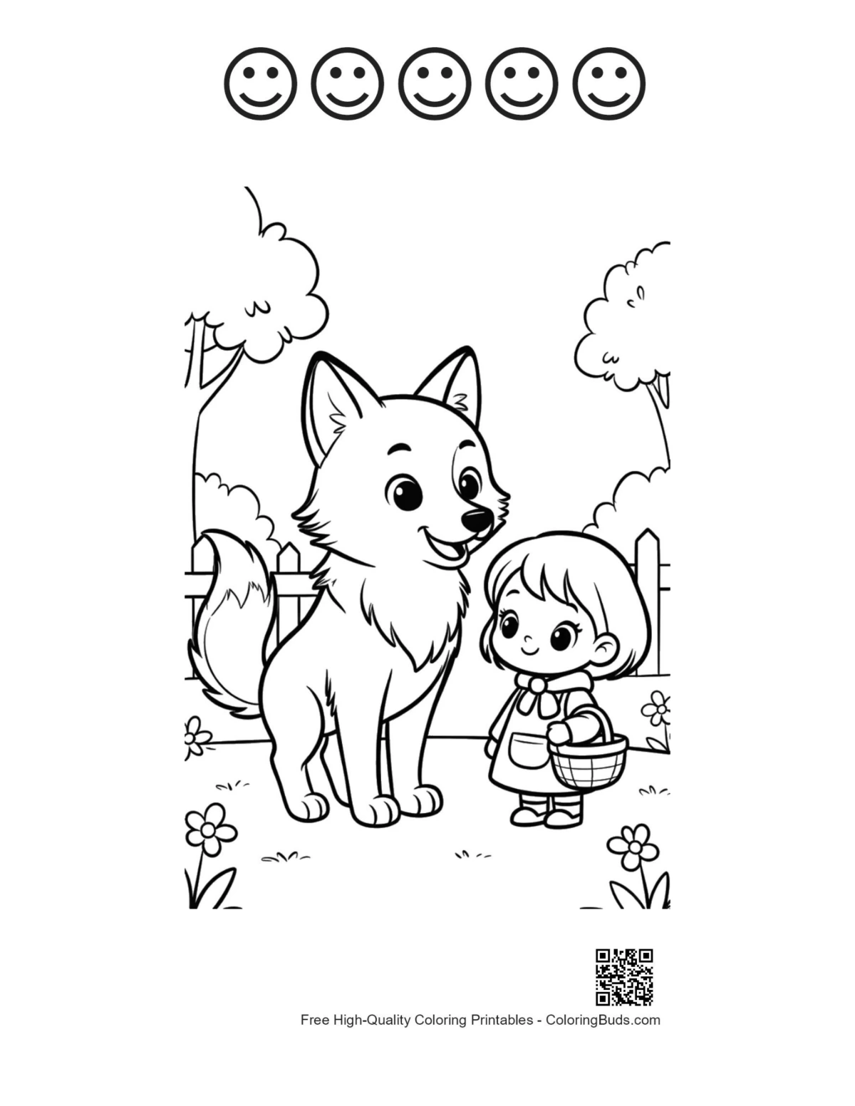 Girl and wolf printable with 5 happy faces outlines