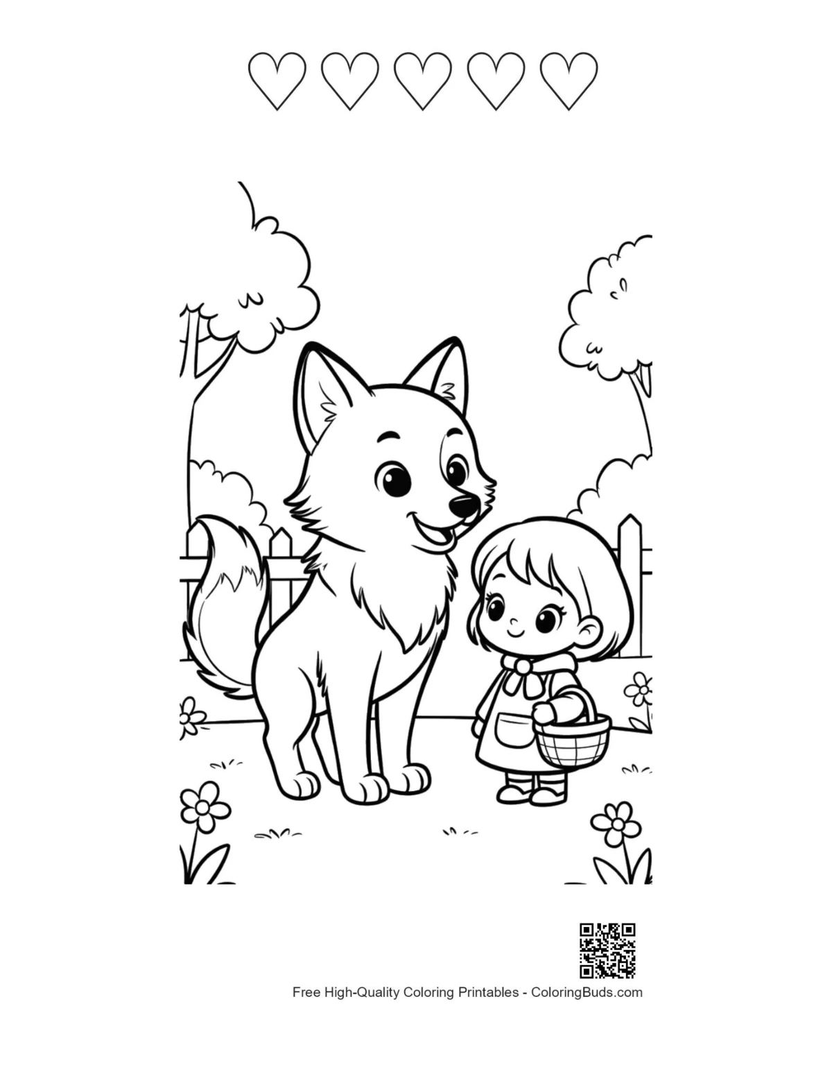 Forest girl wolf printable 5 heart outlines