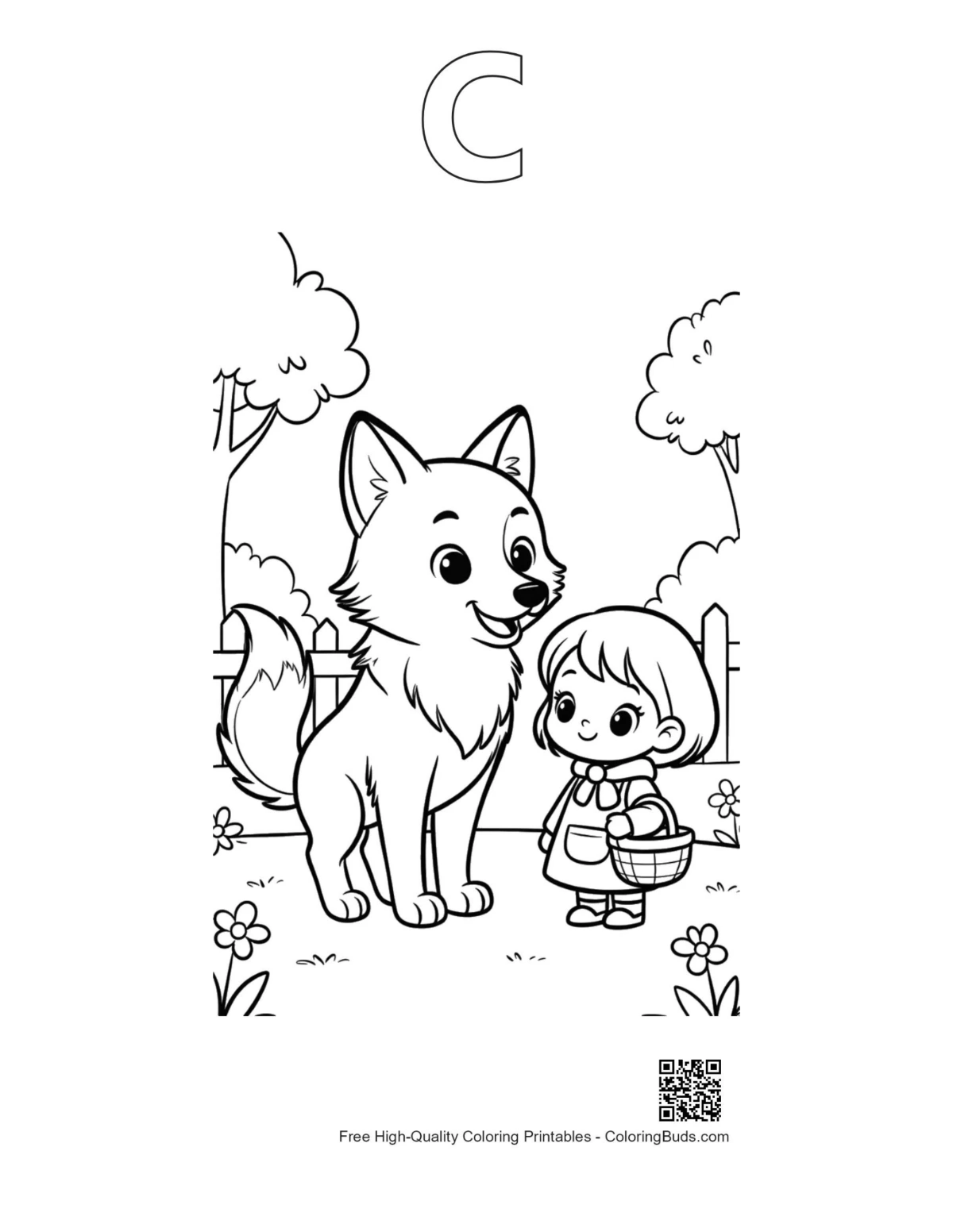 Girl wolf forest printable with alphabet C outline